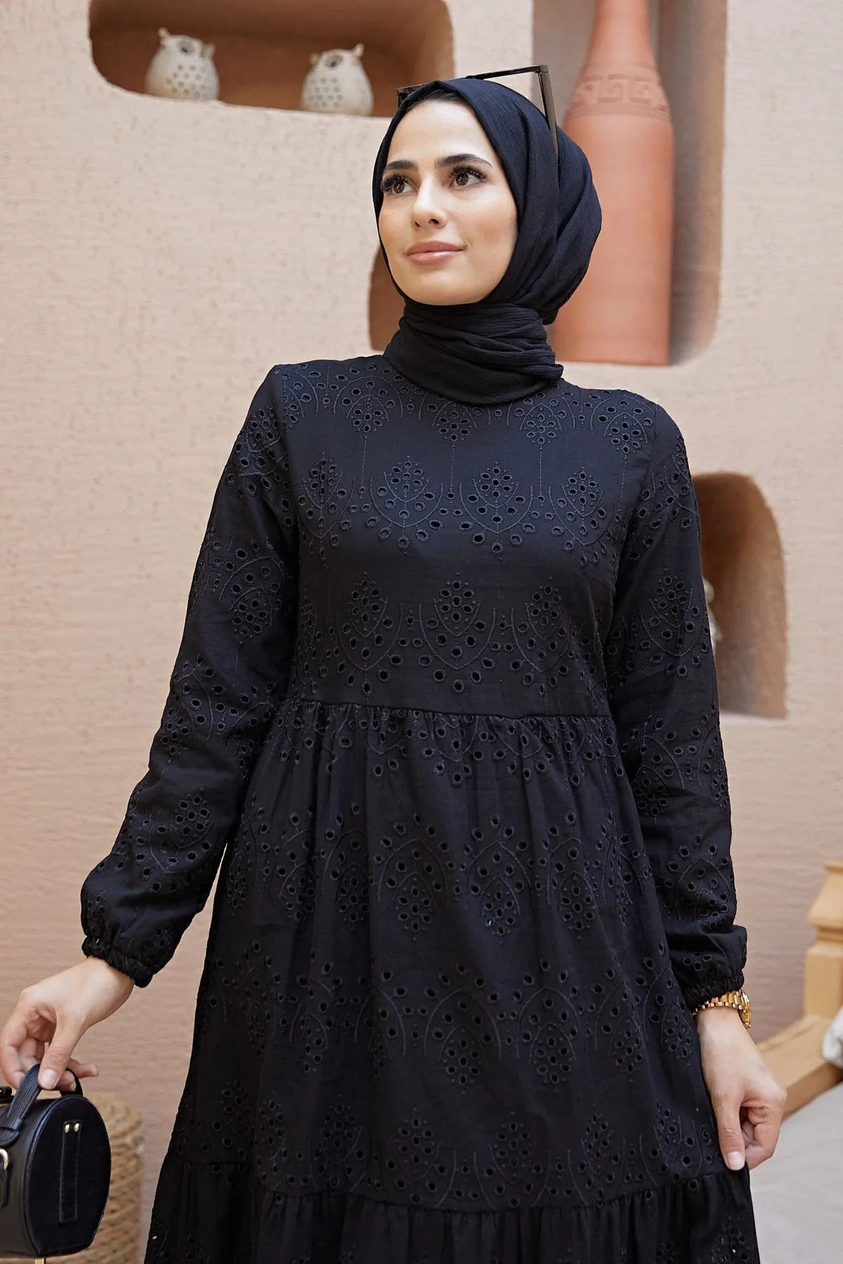 PİNK FLY  Brode Dantel Fisto Uzun Kadın Elbise Siyah - Görsel 7