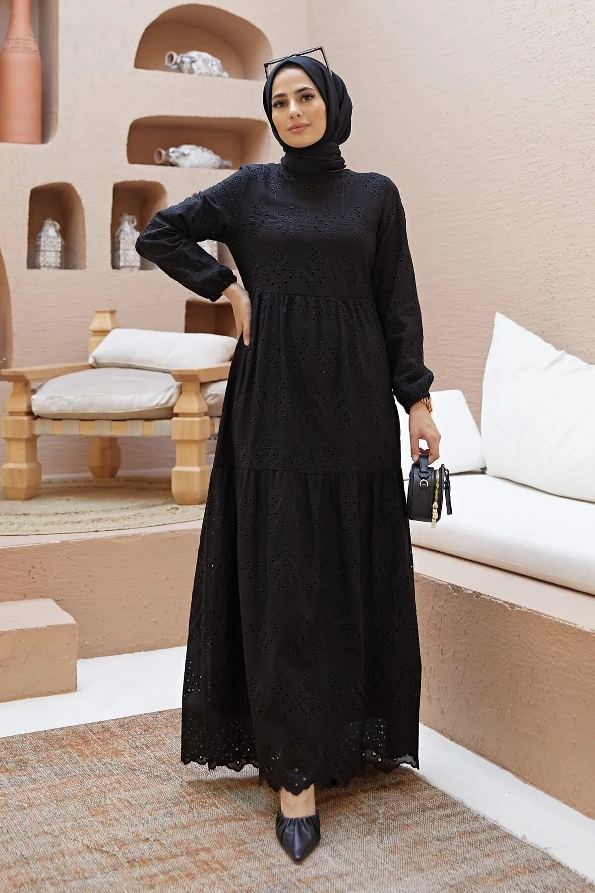 PİNK FLY  Brode Dantel Fisto Uzun Kadın Elbise Siyah - Görsel 5
