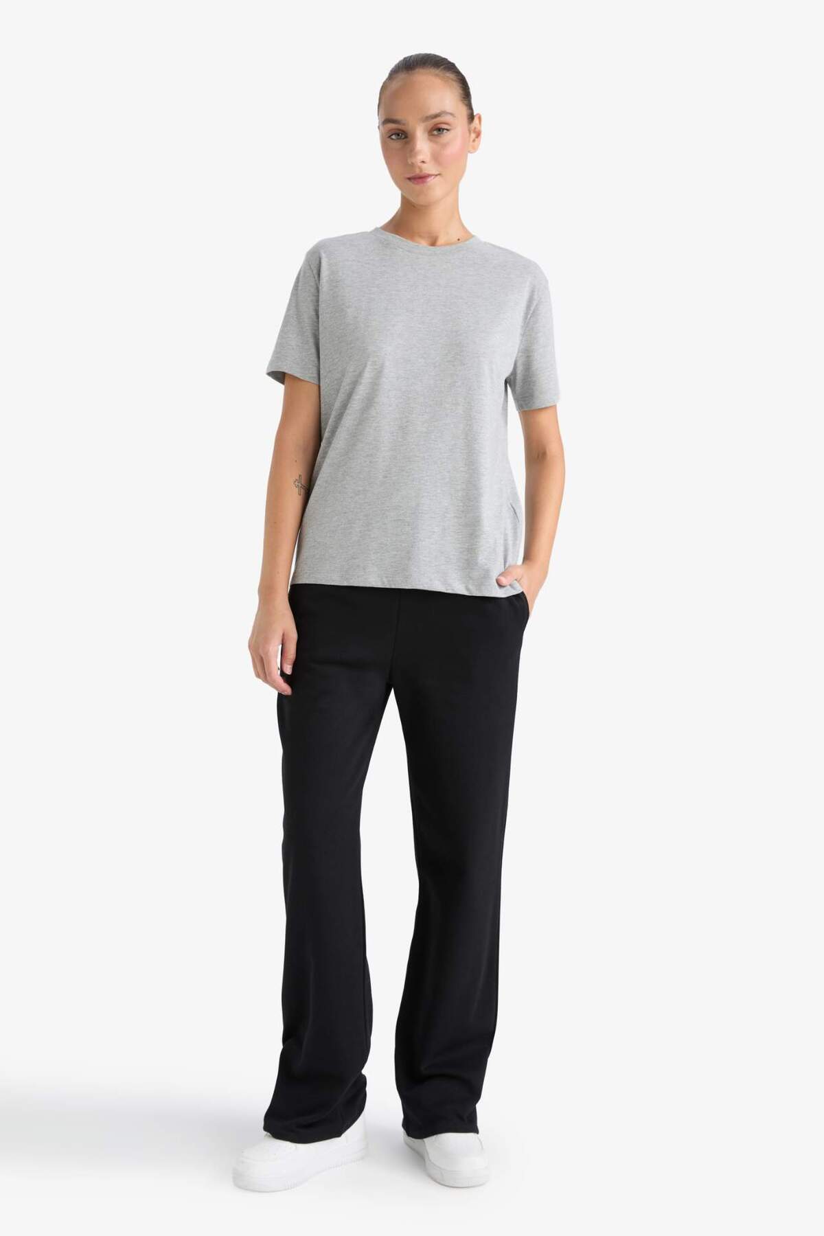 Straight Fit Elastic Waist Sweatpants with Pocket High Waist Thick Basic Plain B8571AX23WN