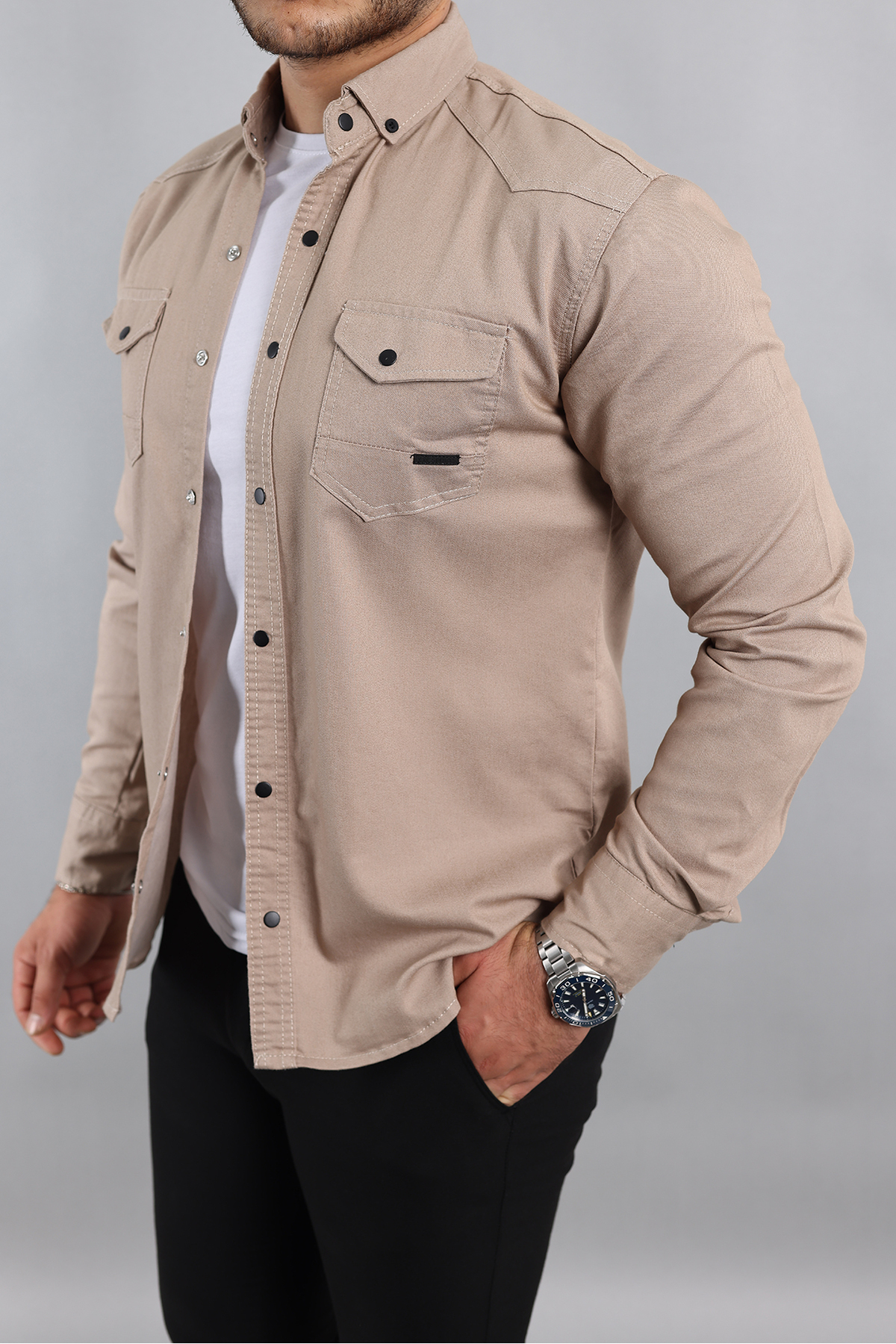 a02teks  Slim Fit Erkek Kot Gömlek Krem - Görsel 4