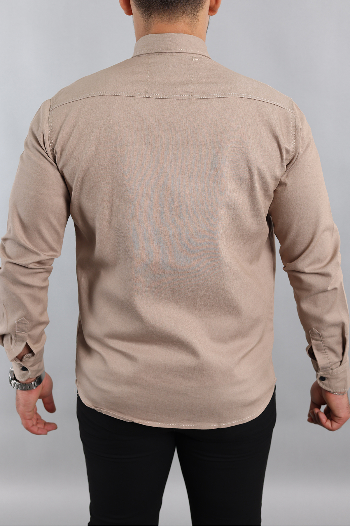 a02teks  Slim Fit Erkek Kot Gömlek Krem - Görsel 5