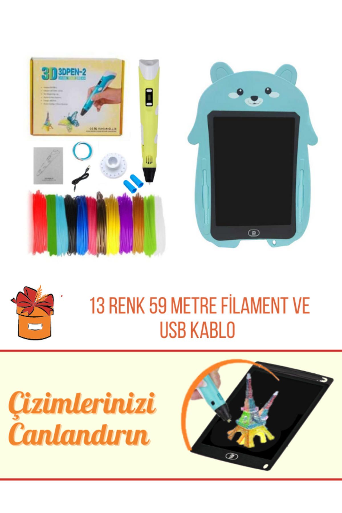 YELLOW 3d Pen 3d Pen Printer Pen | 59 Meters Pla Filament Graphic Tablet Usb Cable