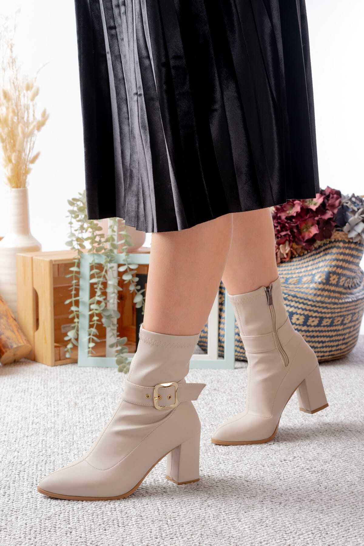 Stretch Ankle Height Thick 7cm Heeled Zippered Ankle Buckle Pointed Toe Women's Boots