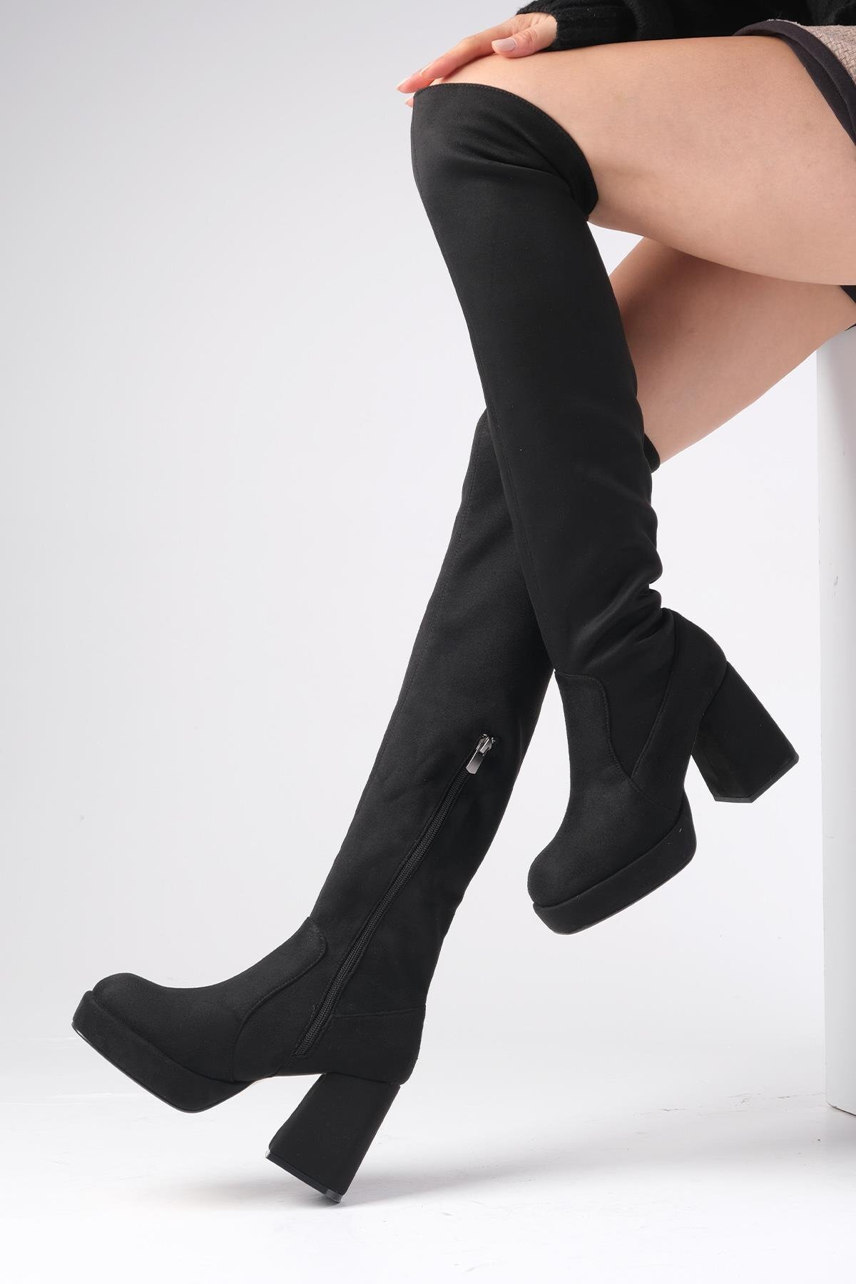 Caprice Black Suede Women's Platform Stretch Boots