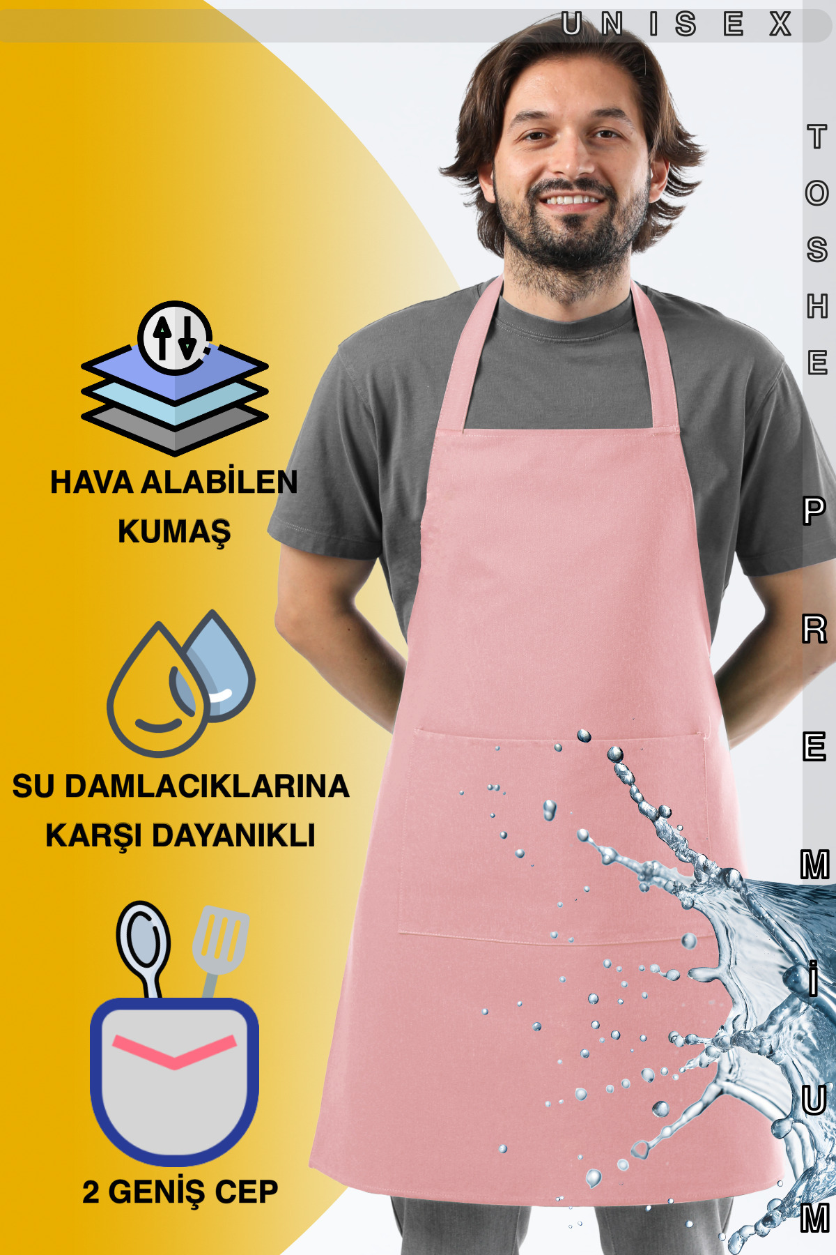 TOSHE Mutfak Önlüğü Suya Dayanıklı Mutfak Önlük Şef Önlüğü 2 Geniş Cepli Barista Önlüğü Önlük Siyah