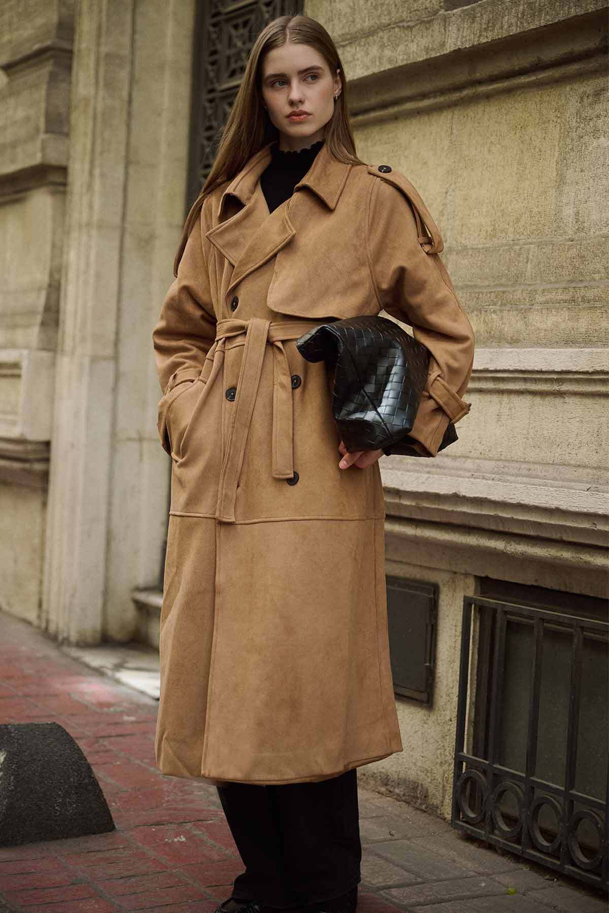 Hooopstore Süet Camel Trençkot