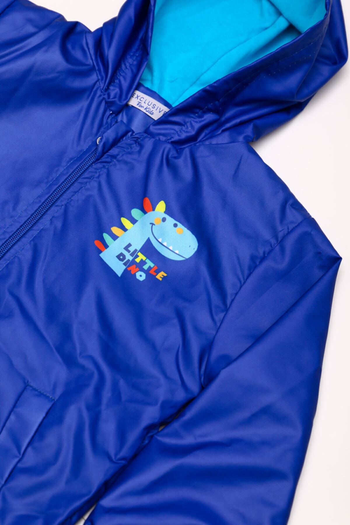 Mika Bebek & Çocuk Dinozor Desenli Kapüşonlu Mavi Erkek Çocuk Yağmurluk fotoğrafı 5 (önizleme)