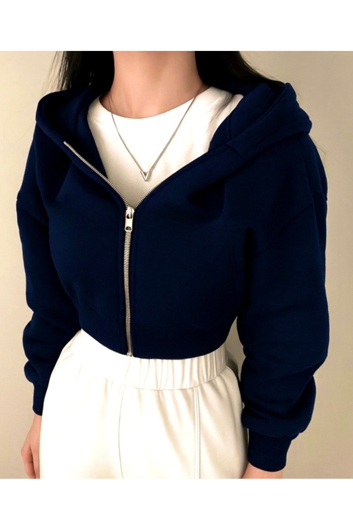 DEZZİİ  Lacivert Fermuarlı Crop Sweatshirt Hırka