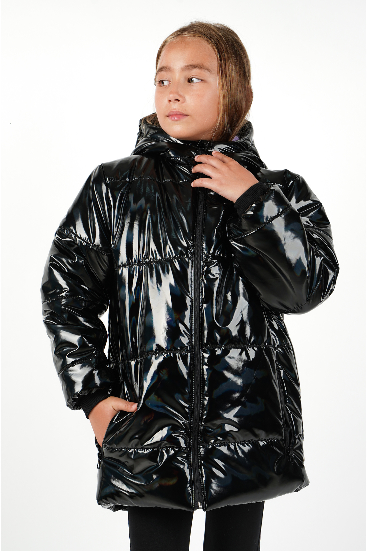 DUBLİNO KİDS LESKLÝ - Dívčí kabát s kapucí, voděodolný a větruodolný, s fialovou podšívkou Welsoft