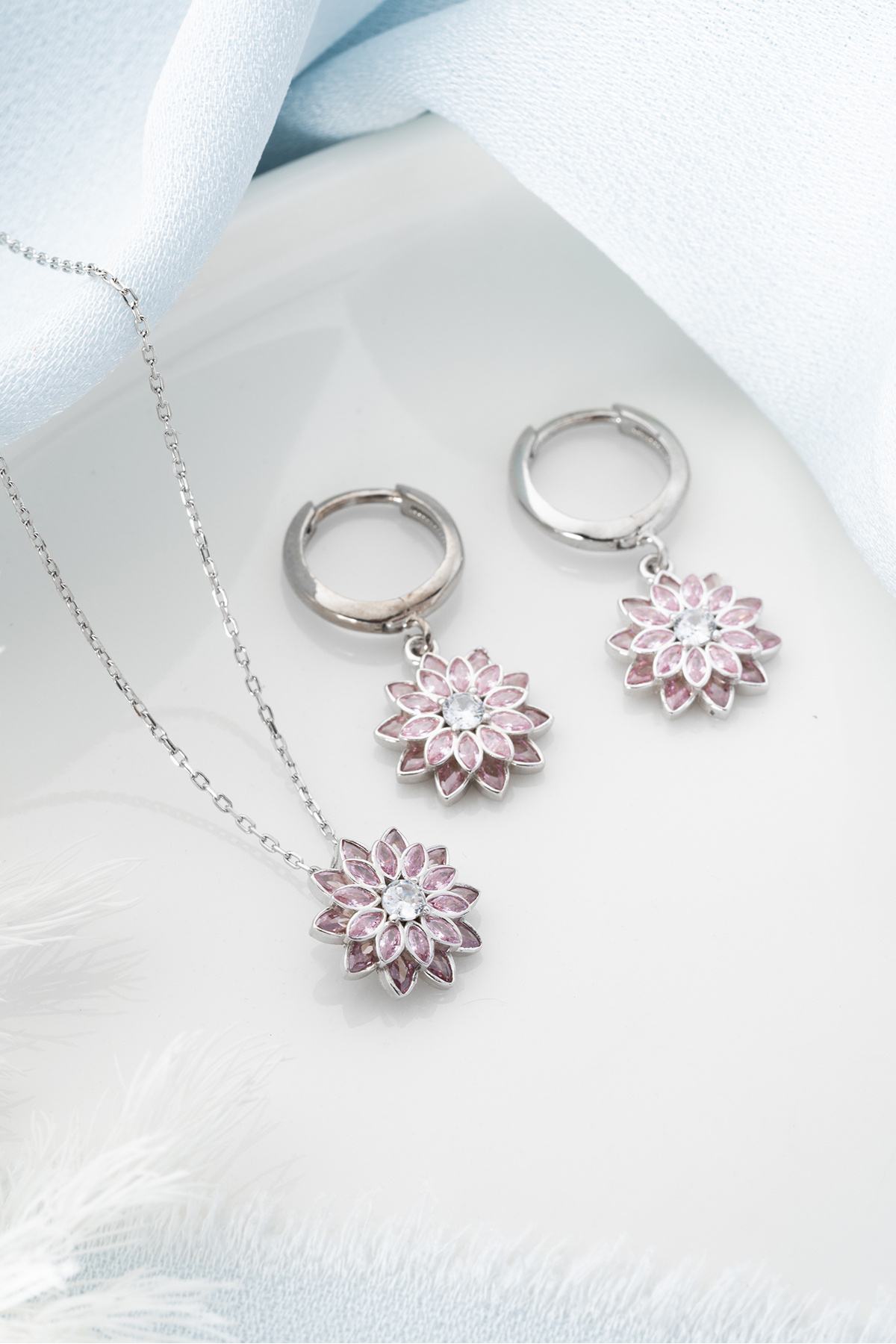 Silvano Jewelry 925 Ayar Gümüş Pembe Taşlı Kolye Küpe Set