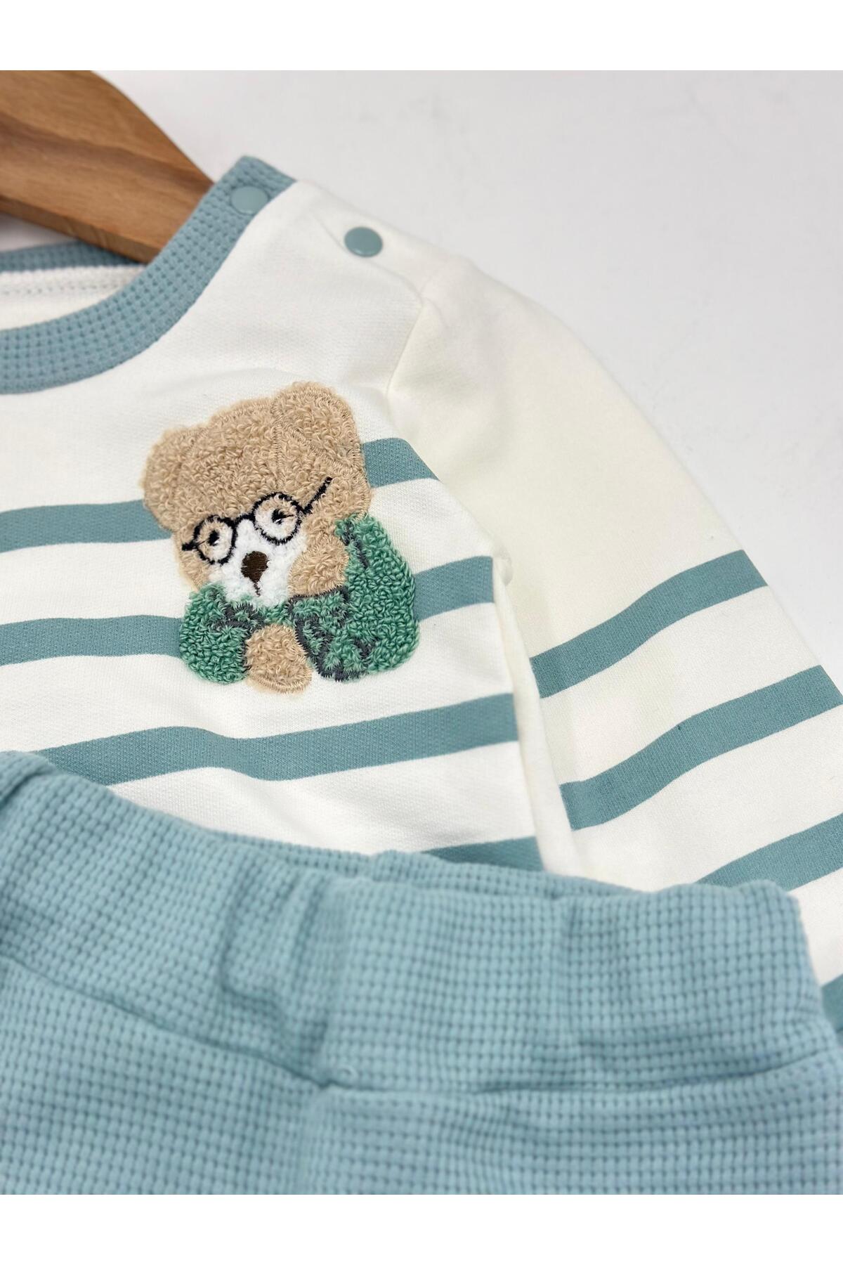 voyyo kids baby Erkek Bebek Mevsimlik Takımı Ayıcık Nakışlı Uzun Kollu Bisiklet Yaka Çizgili Sahte Gömlekli Takım fotoğrafı 5 (önizleme)