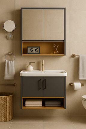 Tasarım Legna 80 cm Antrasit & Ahşap Banyo Dolabı Takımı – Alt ve Üst Dolap (...