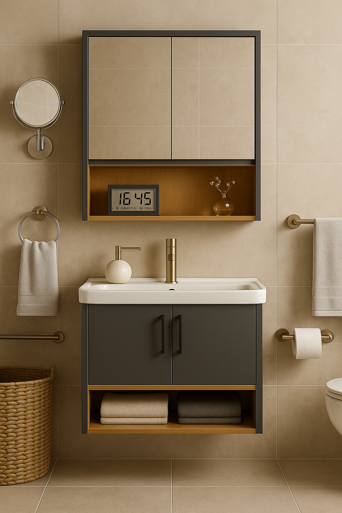 Tasarım Legna 80 cm Antrasit & Ahşap Banyo Dolabı Takımı – Alt ve Üst Dolap (Lavabo Dahil)