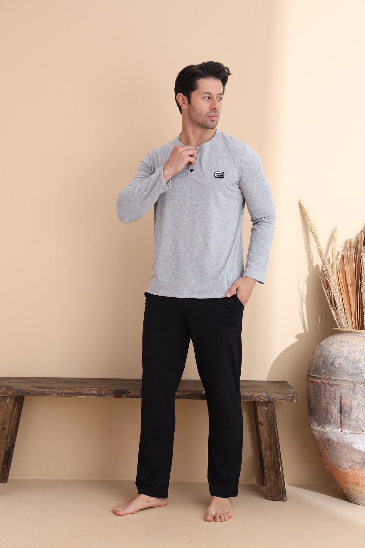 ELİTOL  Gri Melanj Düğmeli Uzun Kol Erkek Pijama Takımı - Görsel 3