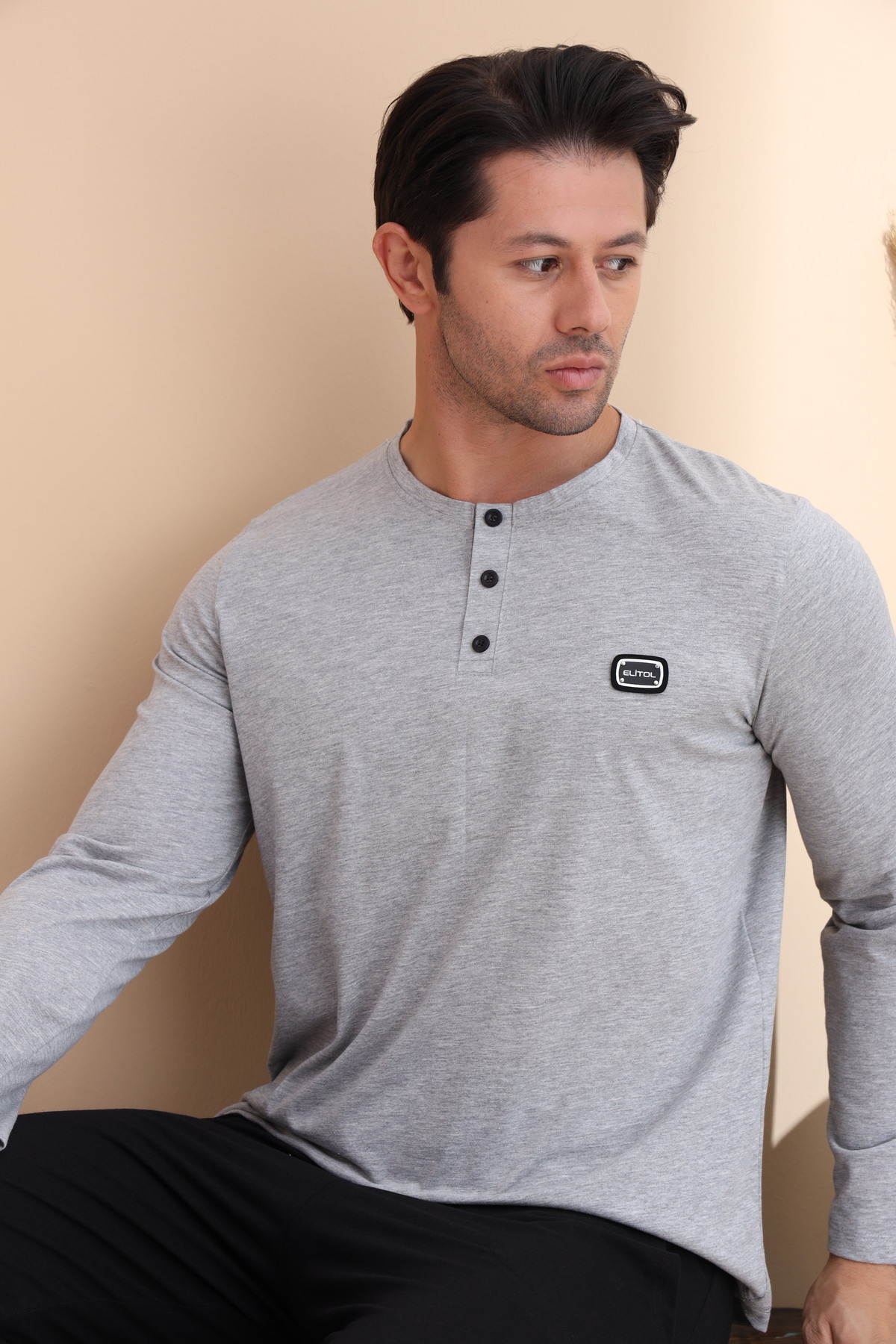 ELİTOL  Gri Melanj Düğmeli Uzun Kol Erkek Pijama Takımı