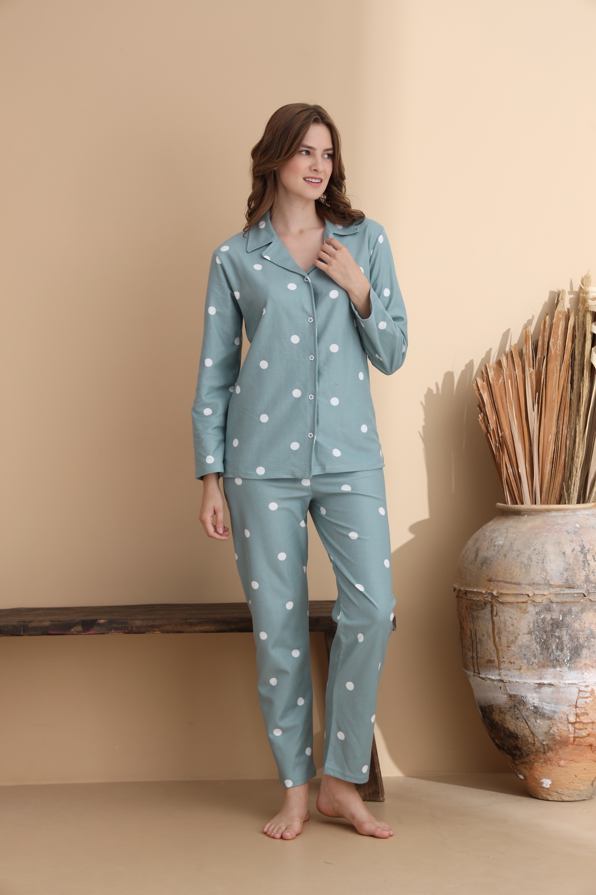 ELİTOL Nokta Desen Süet Örme Uzun Kol Kadın Düğmeli Pijama Takımı görsel 3