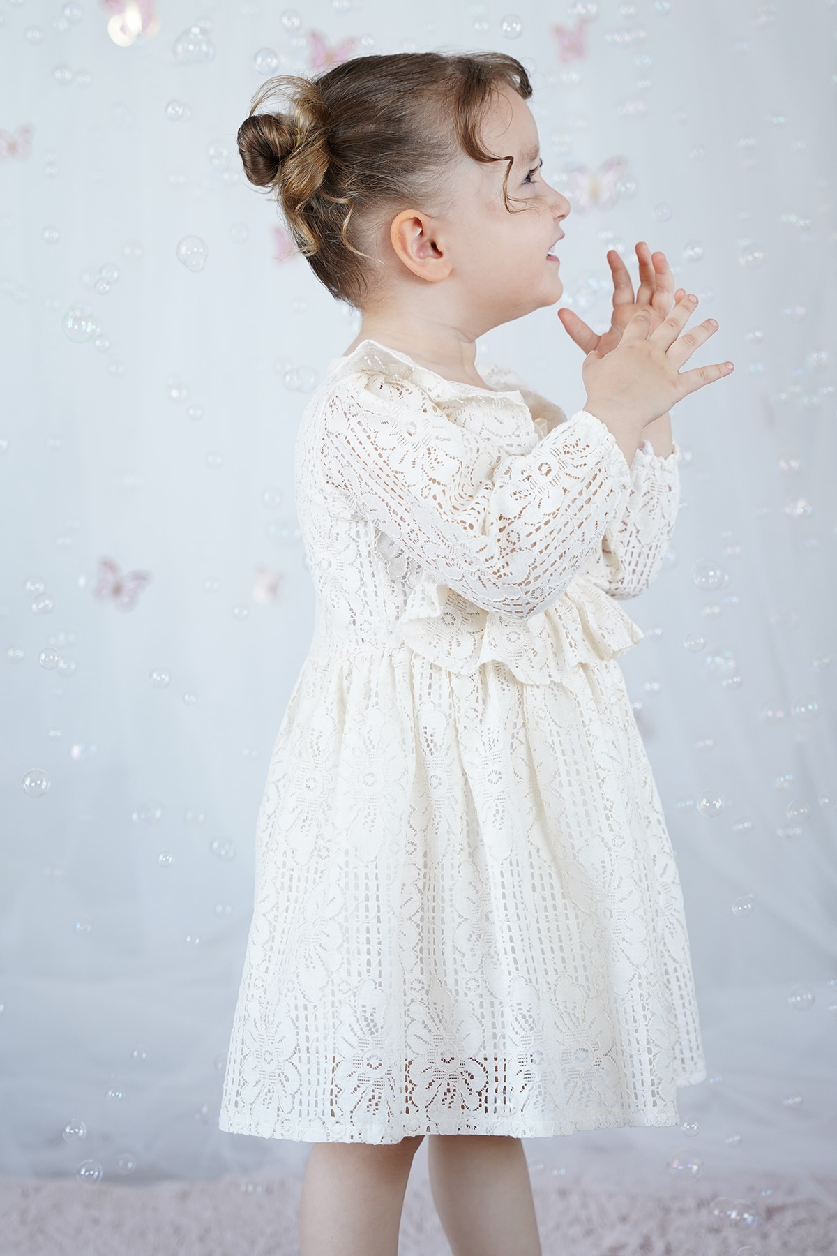 ALYRA Kız Bebek Çocuk Uzun Kollu Dantelli Fiyonklu Fırfırlı Parti Düğün Doğum Günü Bayramlık Elbise fotoğrafı 5 (önizleme)