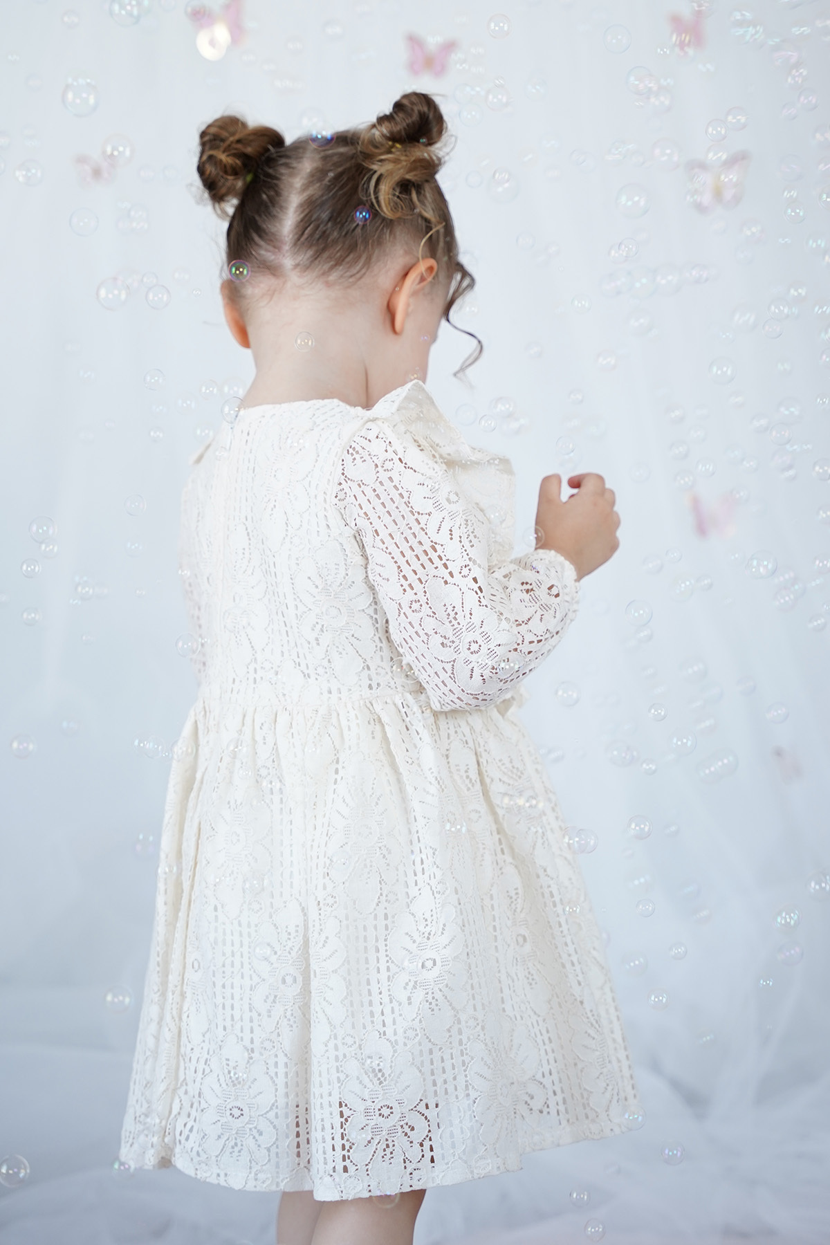 ALYRA Kız Bebek Çocuk Uzun Kollu Dantelli Fiyonklu Fırfırlı Parti Düğün Doğum Günü Bayramlık Elbise fotoğrafı 6 (önizleme)