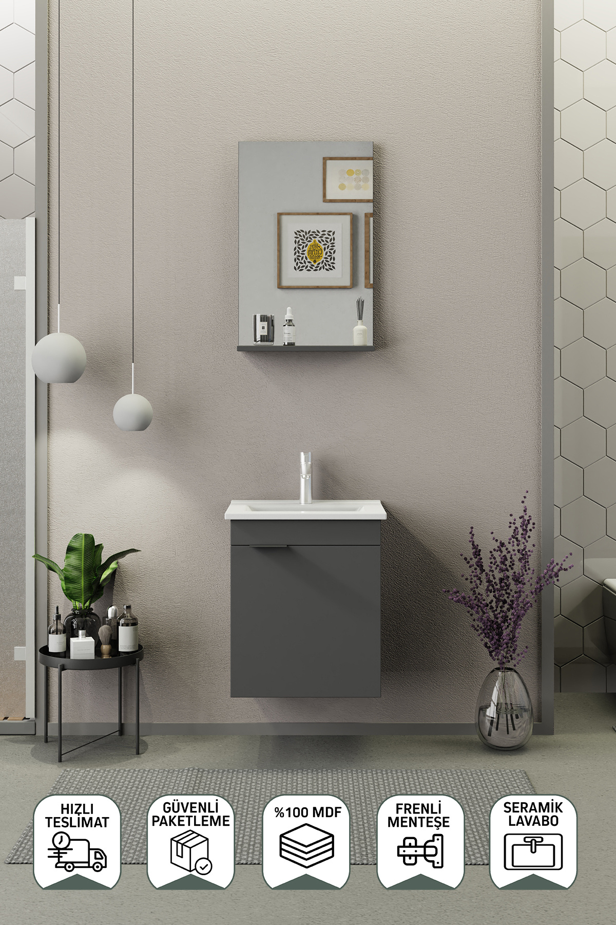 BIANI Fix Arya Slım 50 Cm Banyo Dolabı,Seramik Lavabolu, Aynalı,Lavabo Dahil, Mdf,Mat Gri
