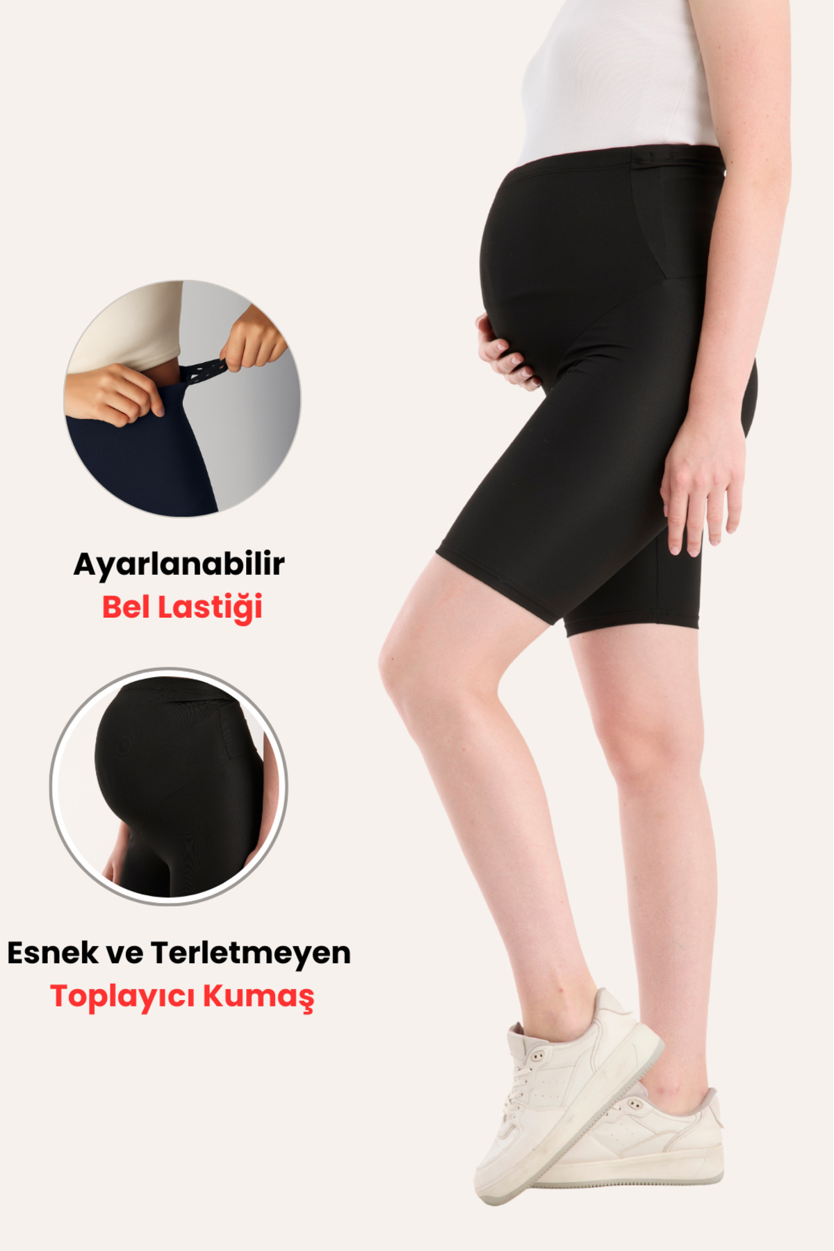 Above Knee Biker Adjustable Roll-Up And Tightening High Waist Stretchy Short Black Maternity Leggings
