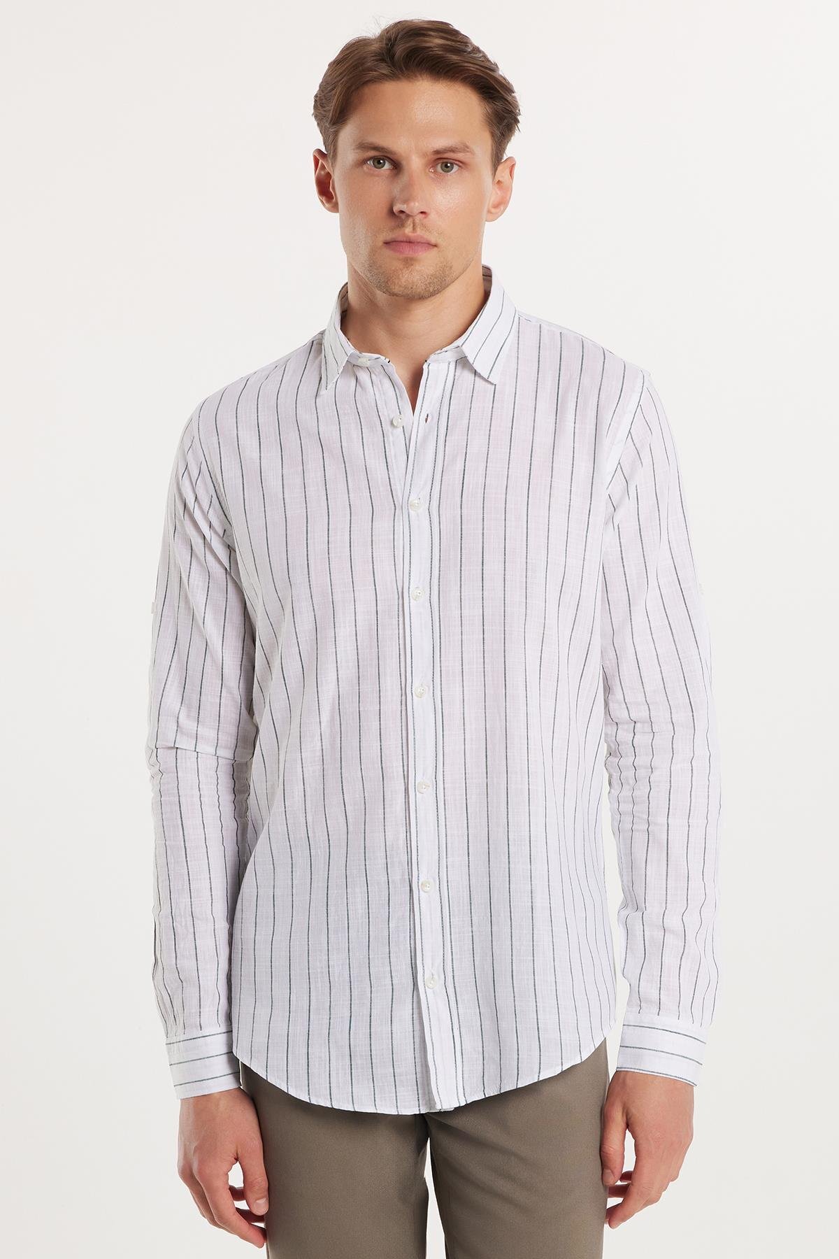 Tudors Erkek Slim Fit Dar Kesim Uzun Kollu %100 Pamuk Keten Doku Çizgili Gömlek görsel 4