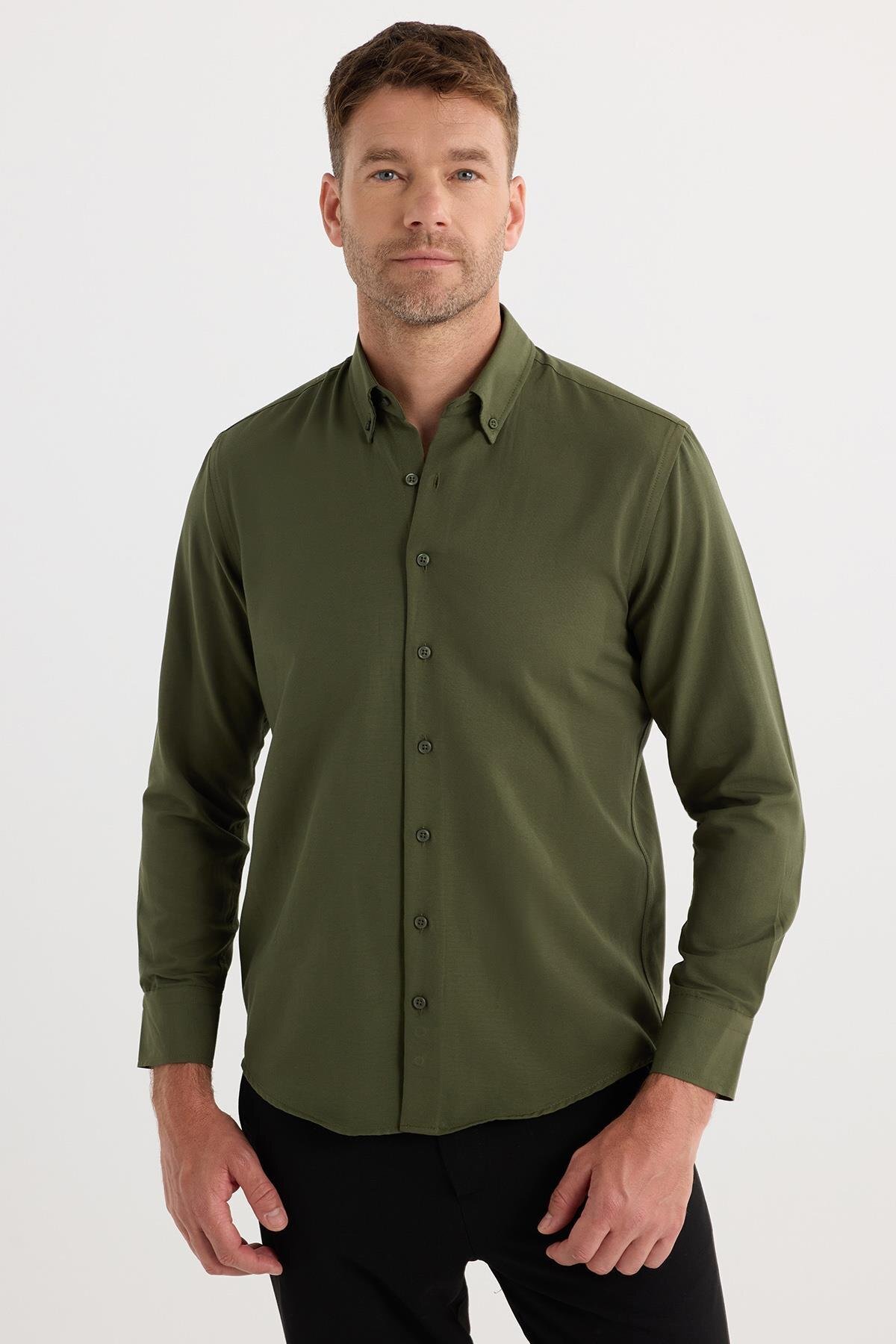 Tudors  Regular Fit Düğmeli Yaka Pamuklu Kolay Ütü Oxford Düz Erkek Haki Gömlek - Görsel 6