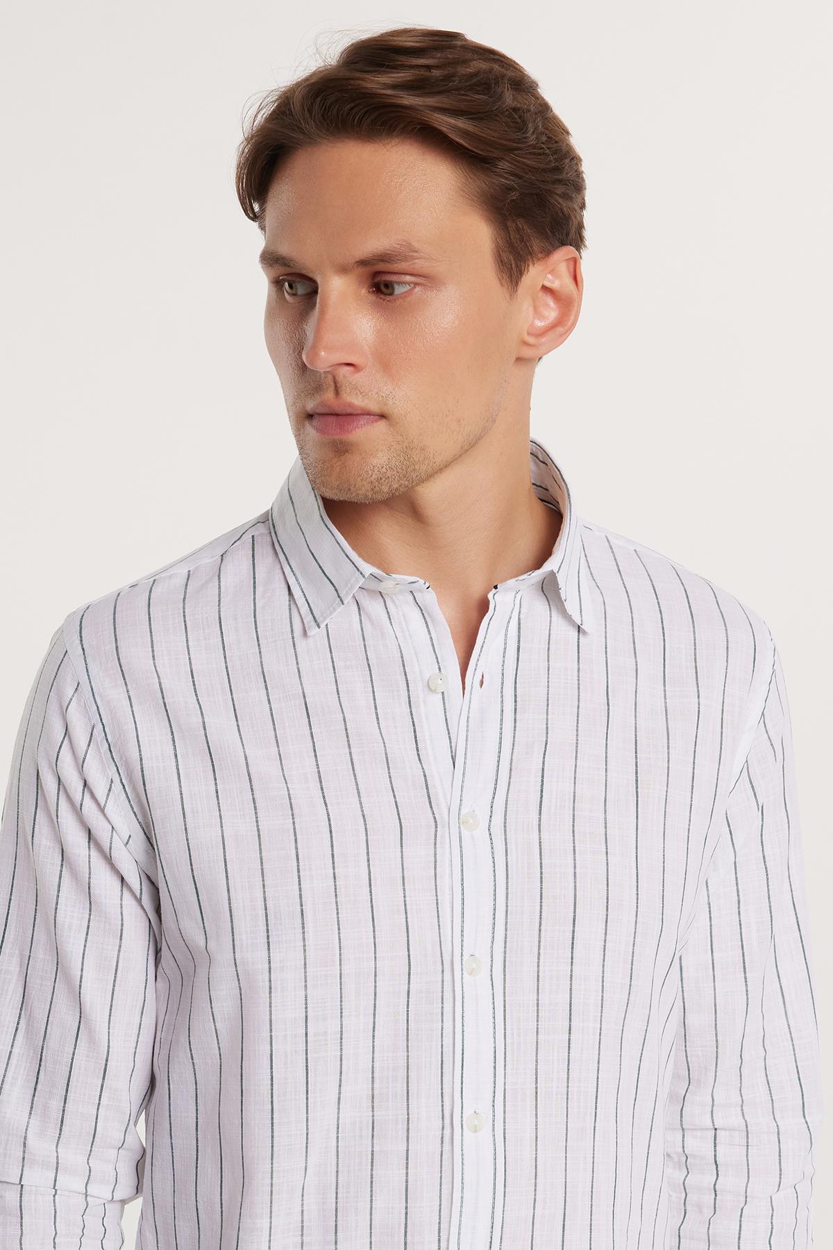 Tudors Erkek Slim Fit Dar Kesim Uzun Kollu %100 Pamuk Keten Doku Çizgili Gömlek görsel 3