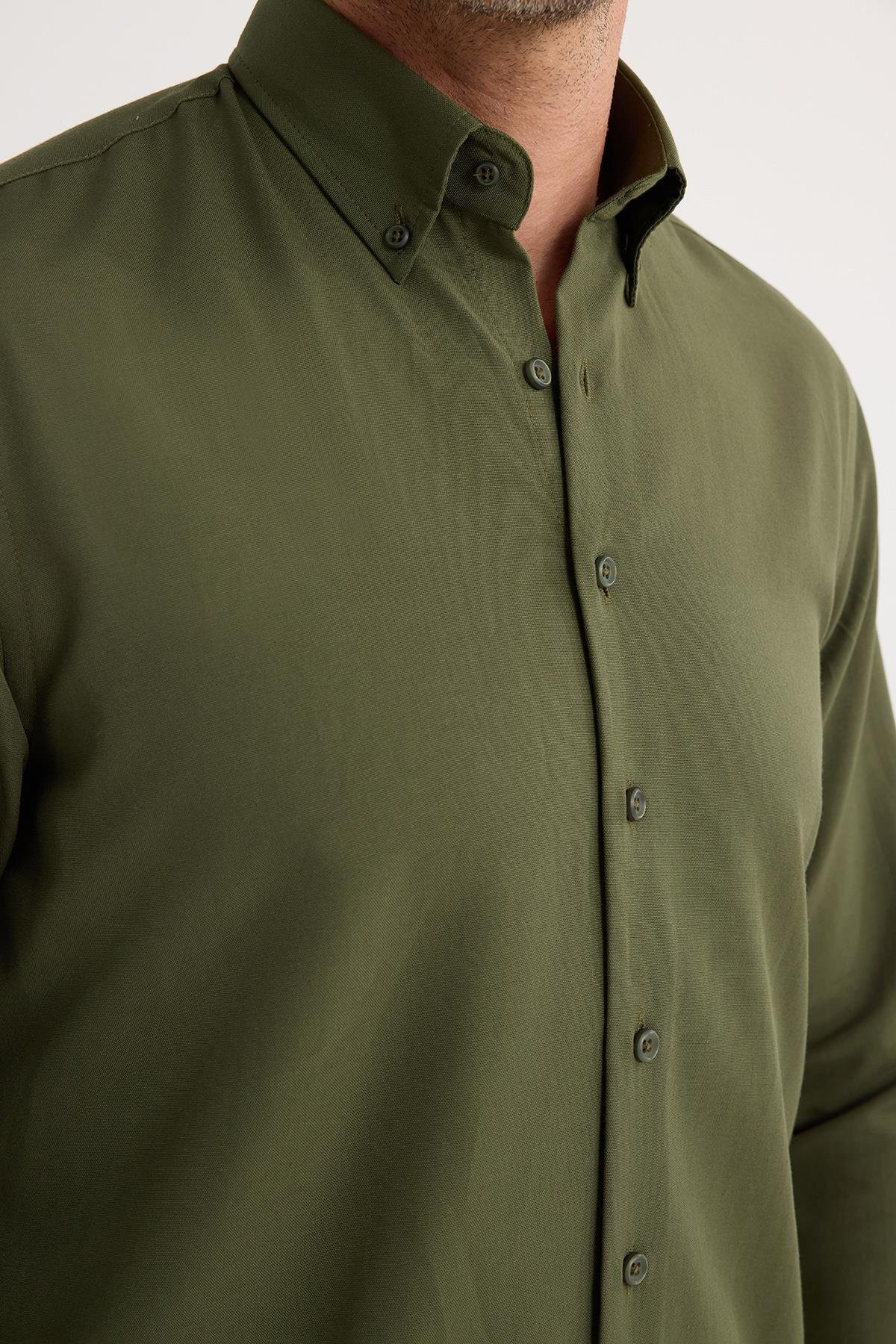 Tudors  Regular Fit Düğmeli Yaka Pamuklu Kolay Ütü Oxford Düz Erkek Haki Gömlek - Görsel 4