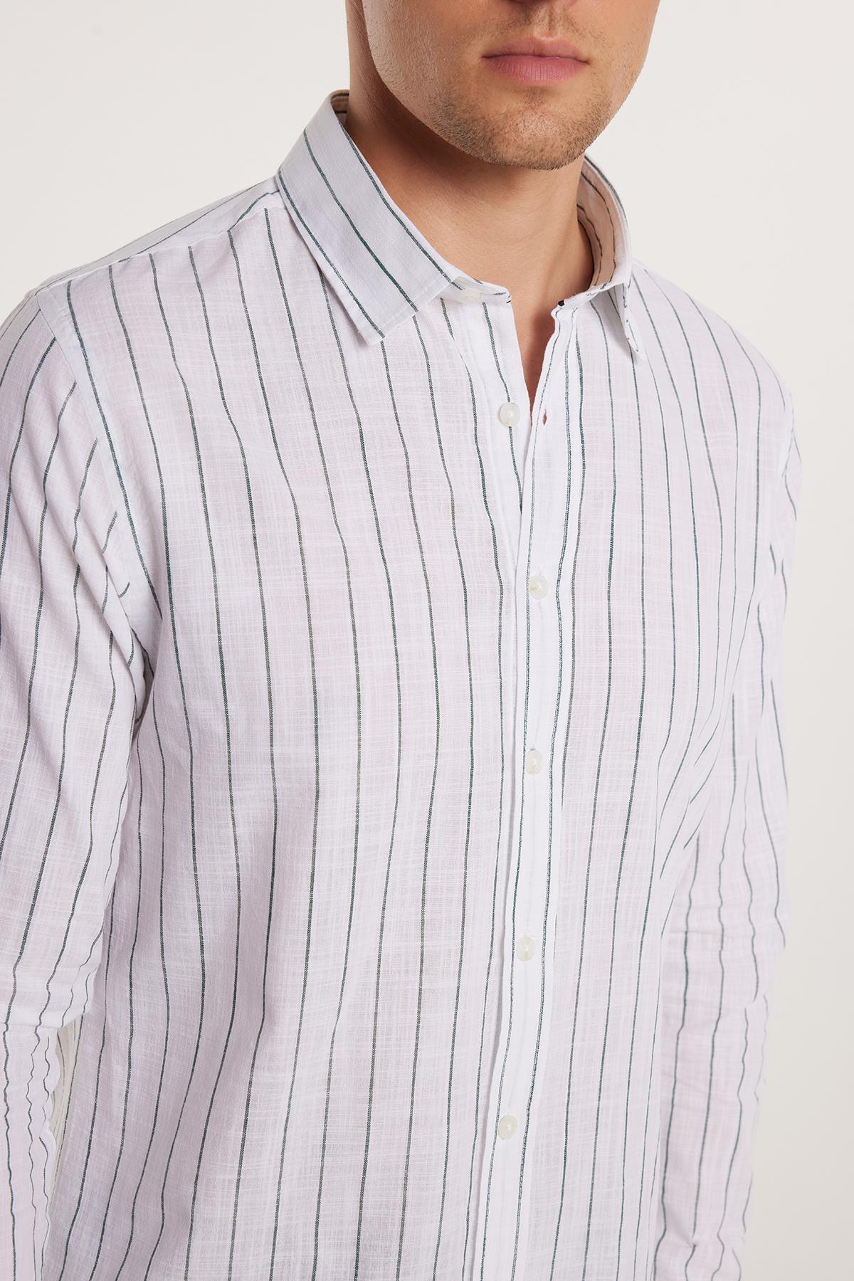 Tudors Erkek Slim Fit Dar Kesim Uzun Kollu %100 Pamuk Keten Doku Çizgili Gömlek görsel 5