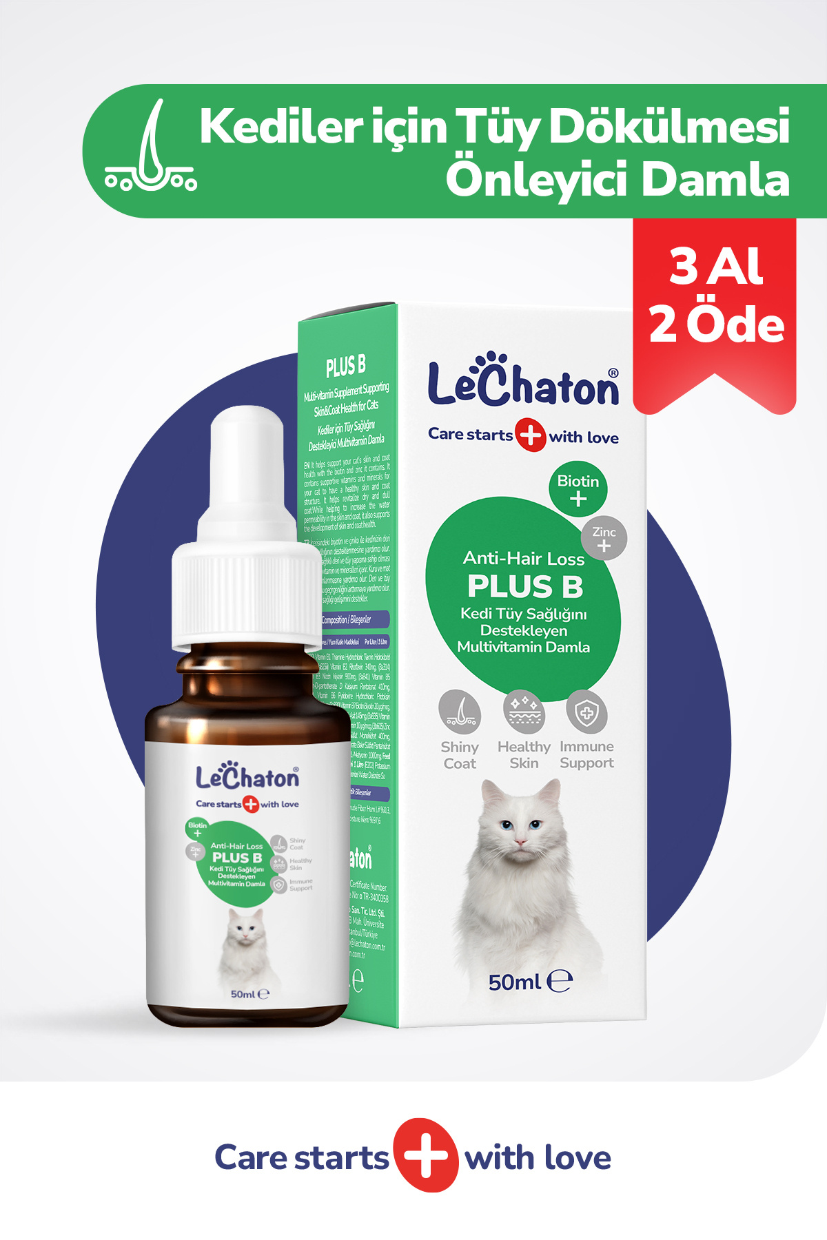 LeChaton Pet Care Kedi Tüy Döküm Dökülmesi Önleyici Engelleyici Damla Kediler Için Biyotin Multivitamin – 50ml