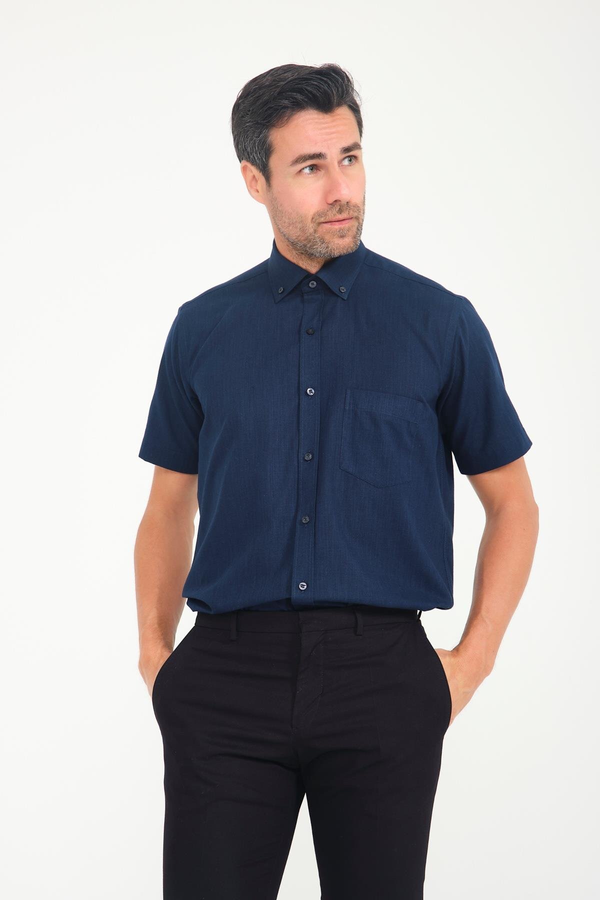 Classic Short Sleeve Linen Linen Neck Buttoned Gift Boxed Men's Shirt FS-001202-Navy Blue
