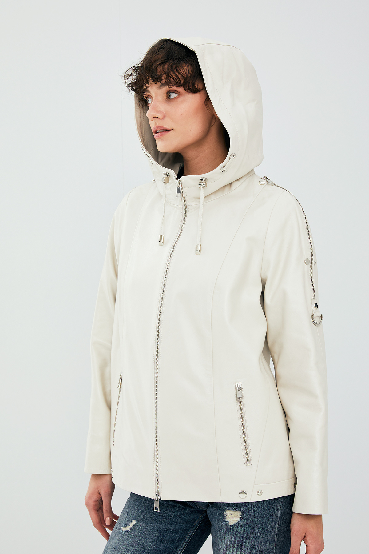 Derimod Judith Kadın Krem Kapüşonlu Oversize Deri Ceket