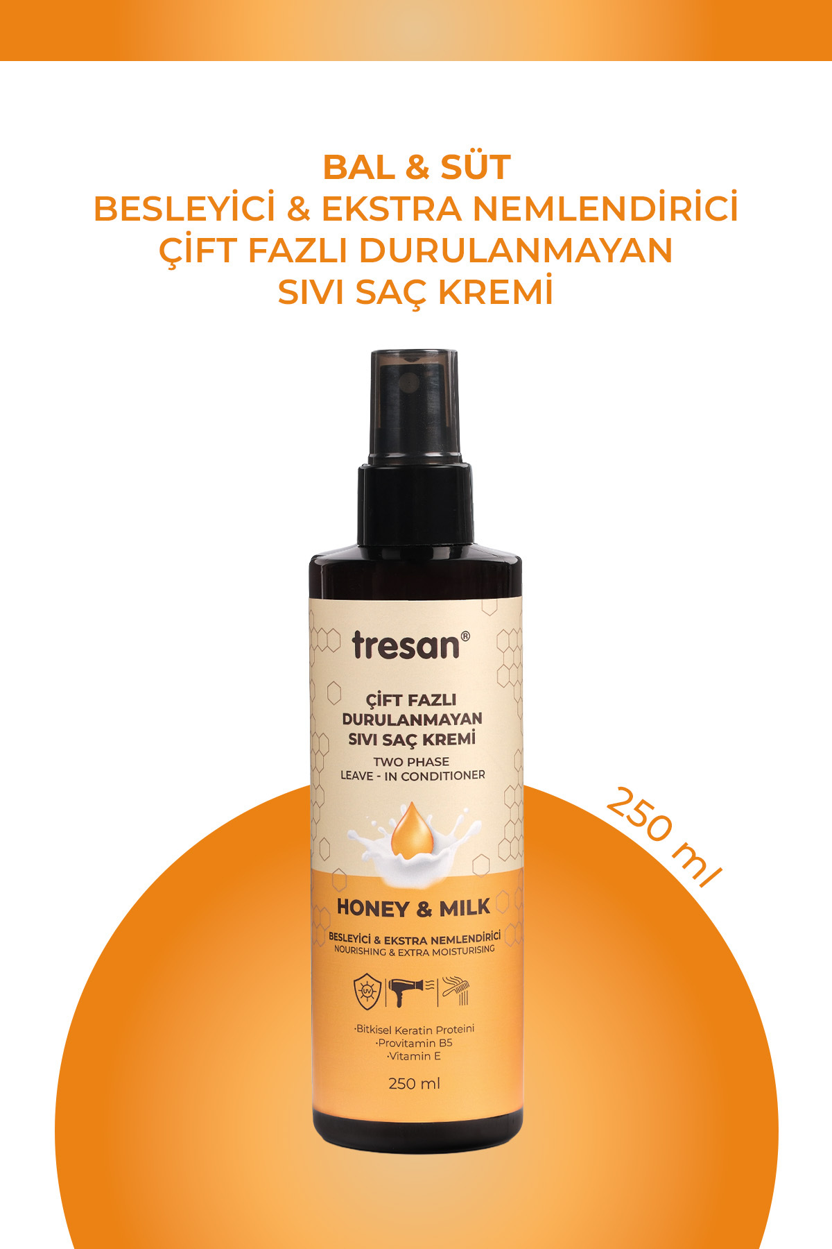 Tresan Bal & Süt Besleyici Çift Fazlı Durulanmayan Sıvı Saç Kremi – Isı Korumalı (Fön Suyu) (250 ml) — 90366