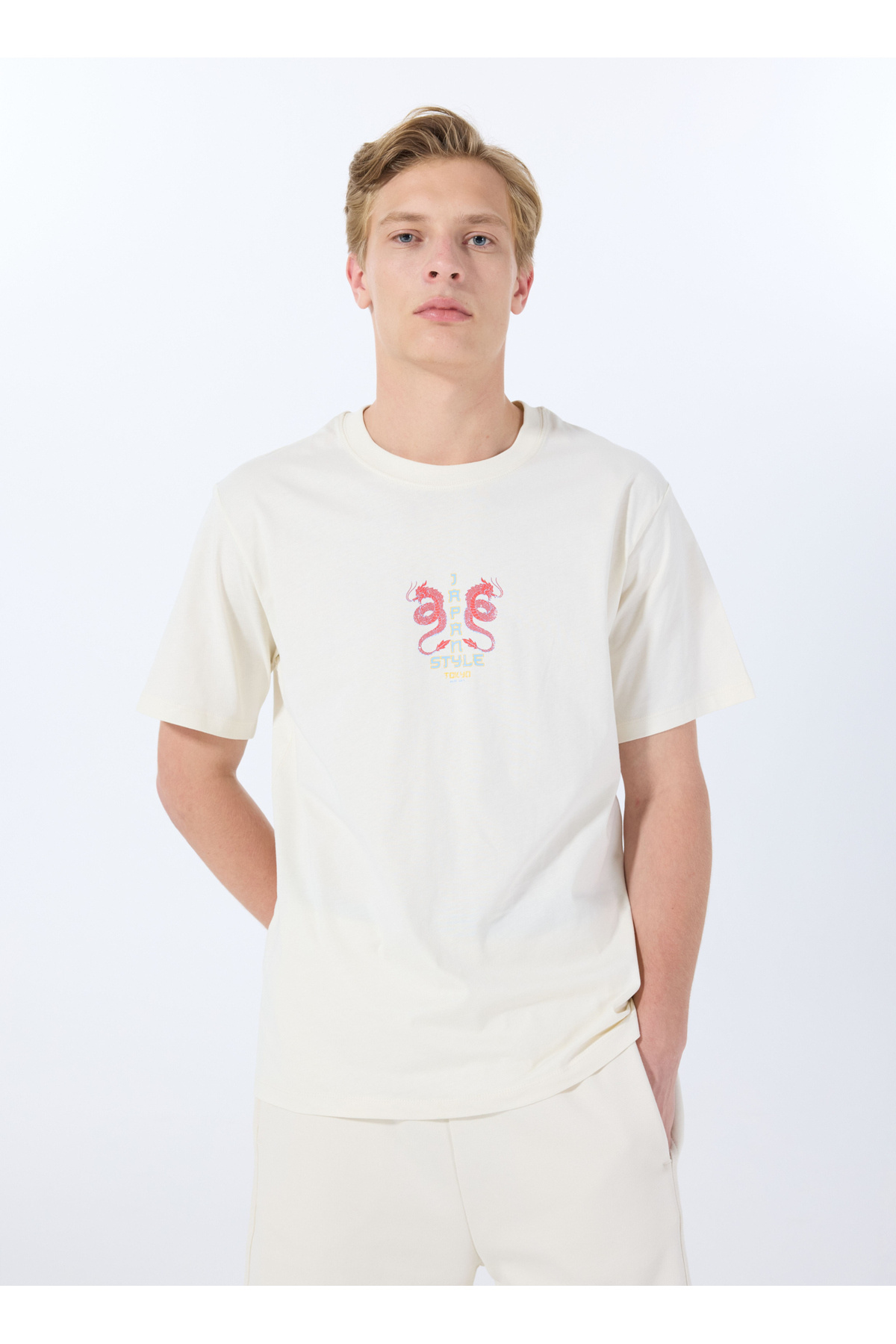 جک اند جونز تی شرت مردانه سفید یقه گرد 12288568_JORDRAGON TEE SS CREW NECK