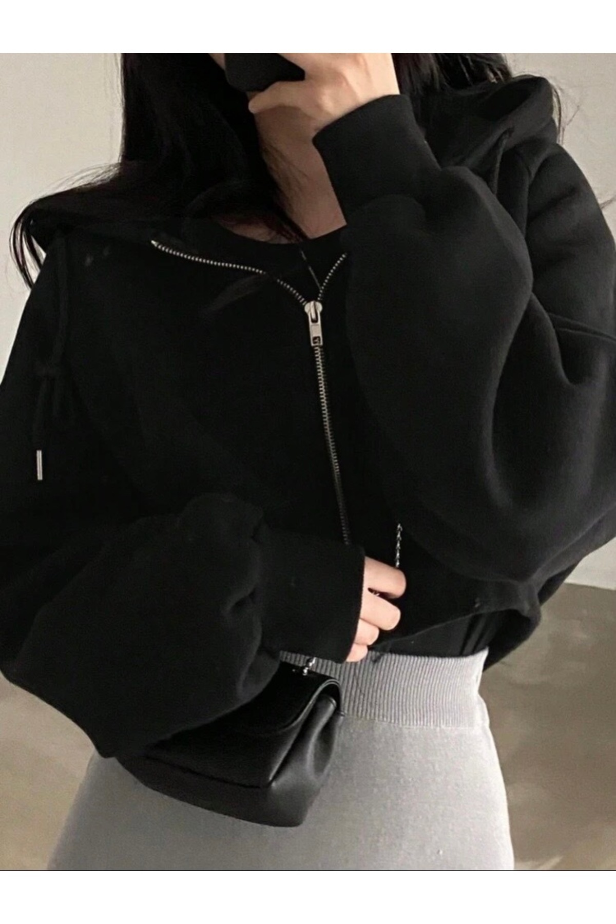 BYMEER Siyah Fermuarlı Crop Sweatshirt Hırka görsel 3