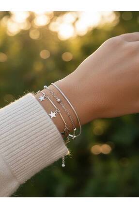 Alexis Carrel 3'lü Kadın Yıldız Bileklik Seti – Gümüş Renk Dorika Boncuklu Ko...