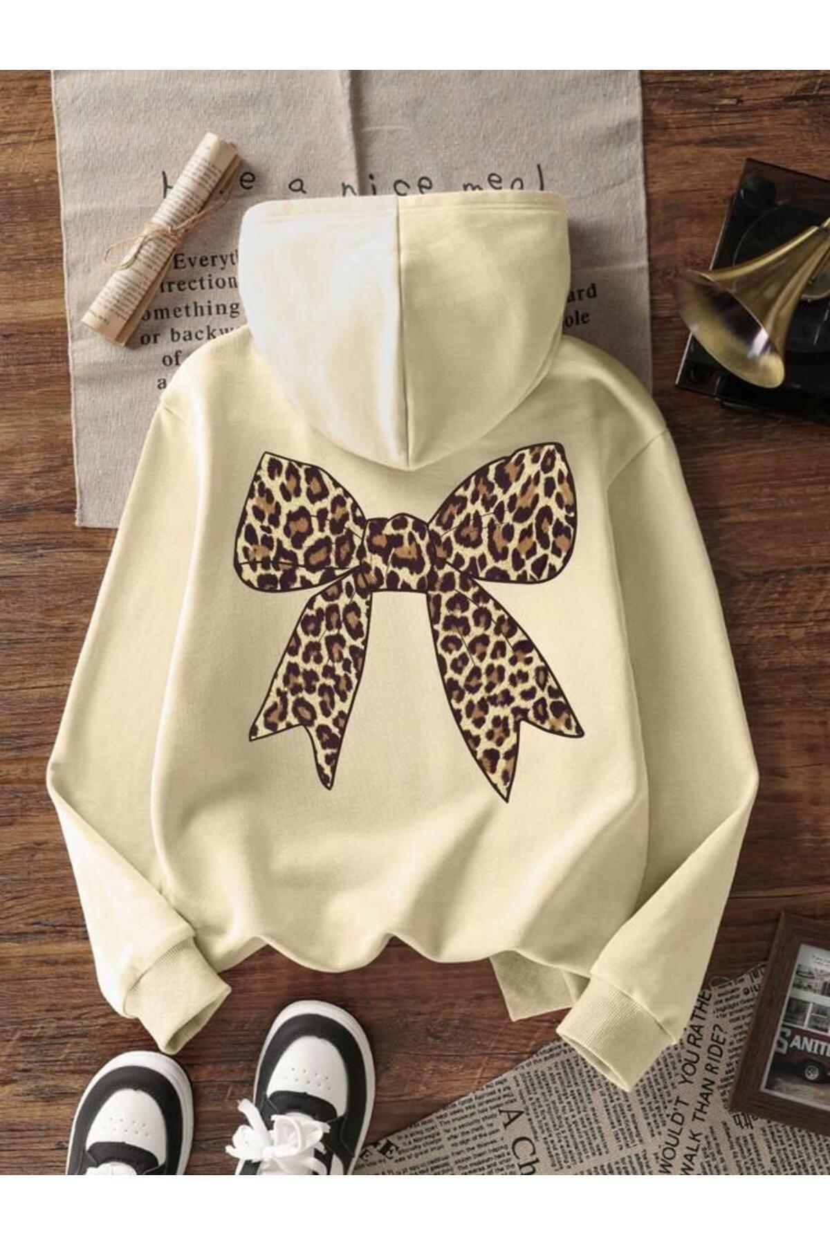 trendgar Світшот з капюшоном і кишенями-кенгуру, бежевий, з принтом леопарда на спині