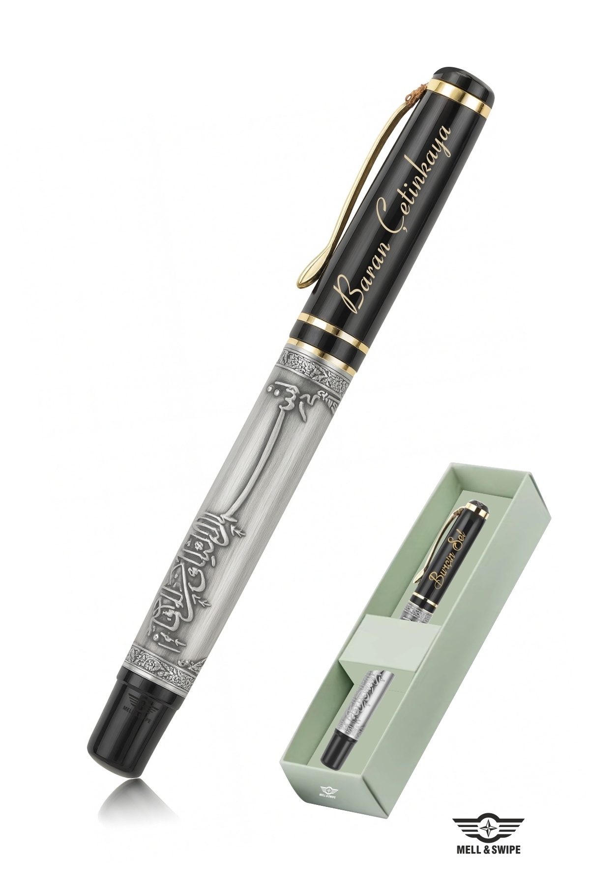 MELL & SWIPE Kişiye Özel Kalem Isim Baskılı Besmele Işlemeli Hediyelik Roller Imza Kalemi Kutulu