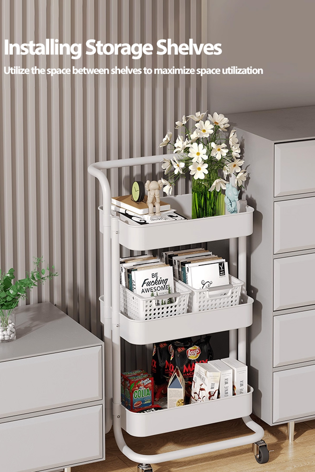 منظم عربة معدني متعدد الأغراض بثلاث طبقات، أرفف متحركة، أبيض، 82×44×36 سم