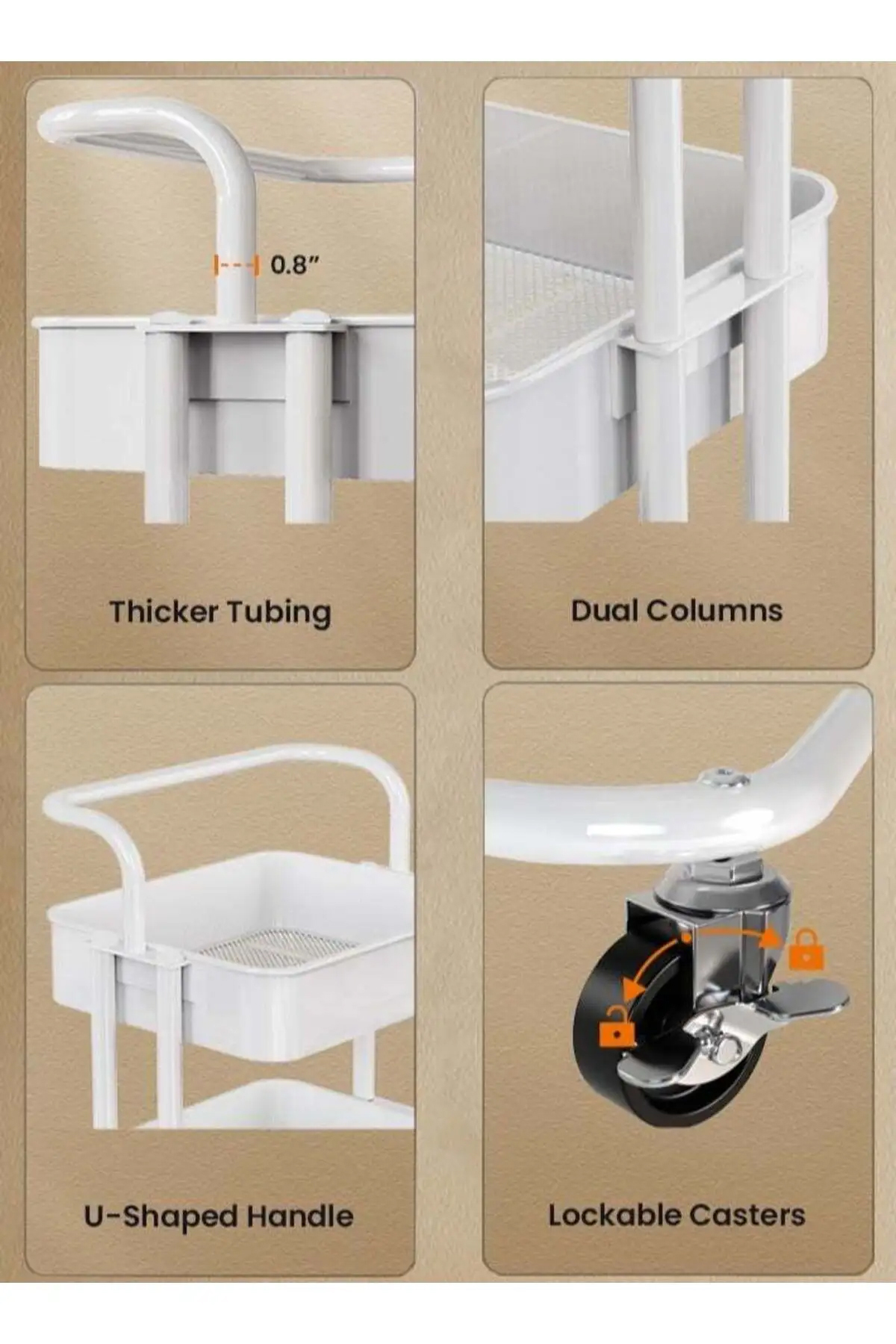 منظم عربة معدني متعدد الأغراض بثلاث طبقات، أرفف متحركة، أبيض، 82×44×36 سم