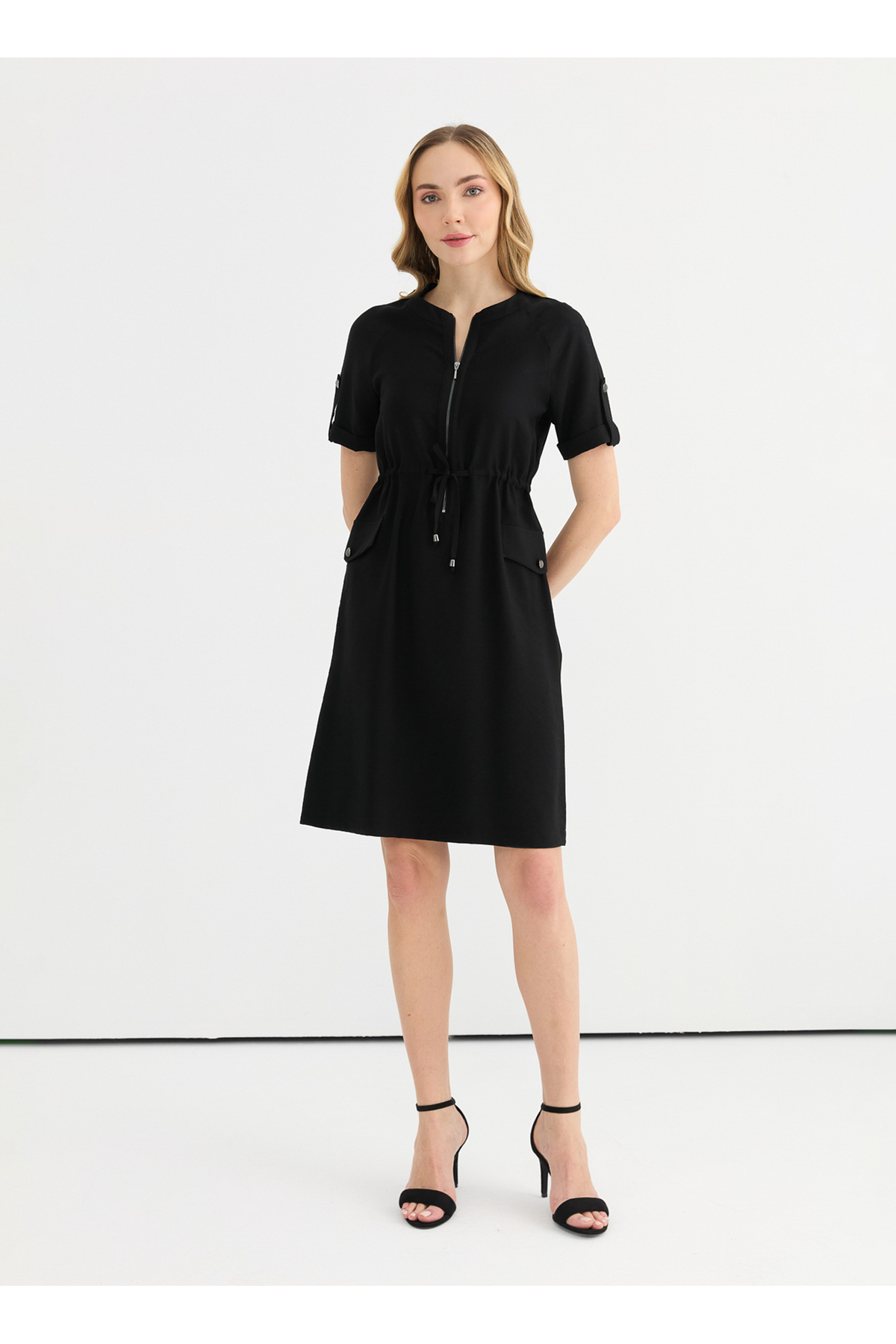 Round Neck Plain Black Standard Women's Dress 25YSL7571