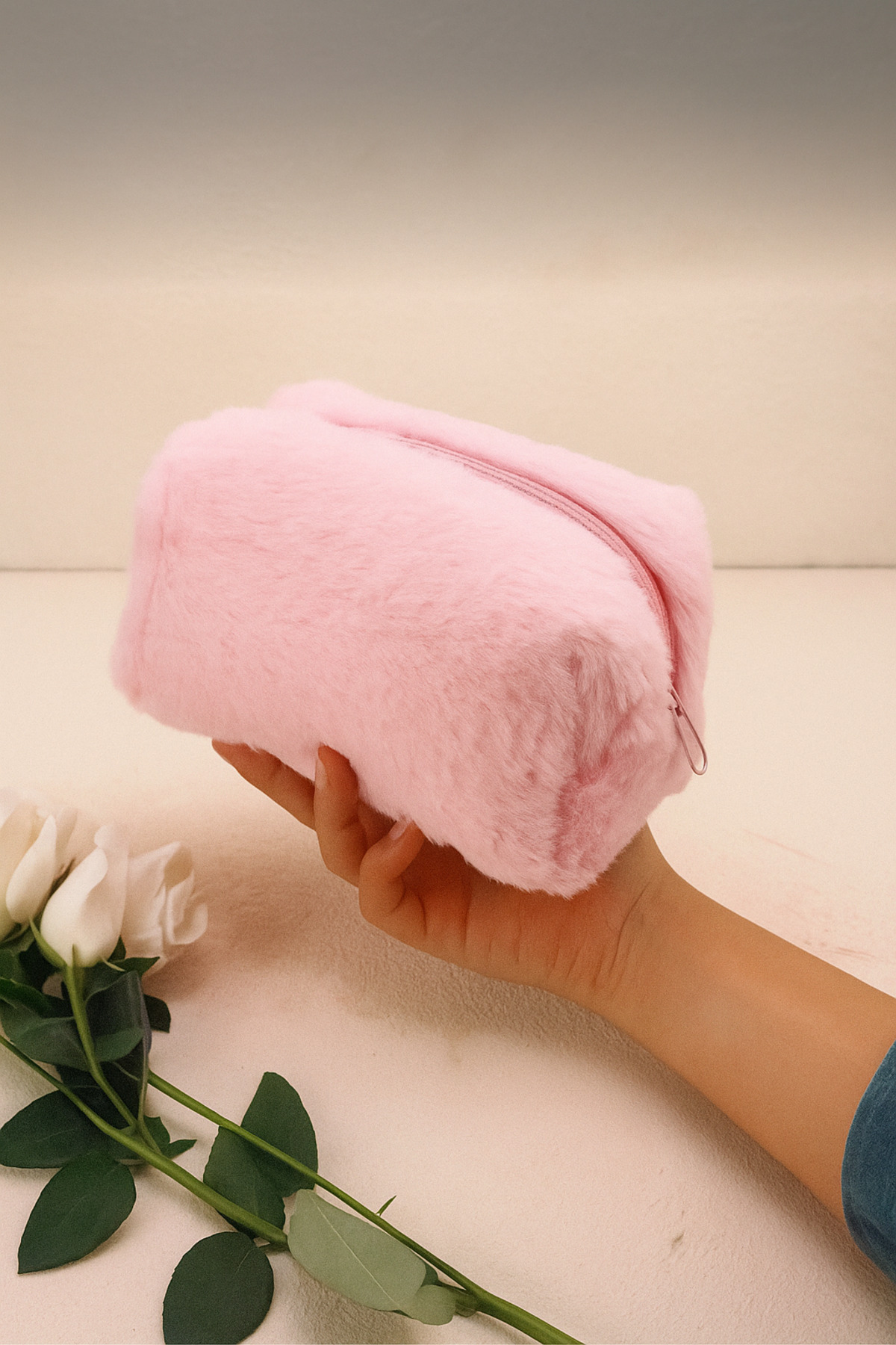 MONVEA Pembe Peluş Makyaj Çantası/Okul Kalemliği / Kozmetik, Seyahat Çantası, Çok Amaçlı Organizer