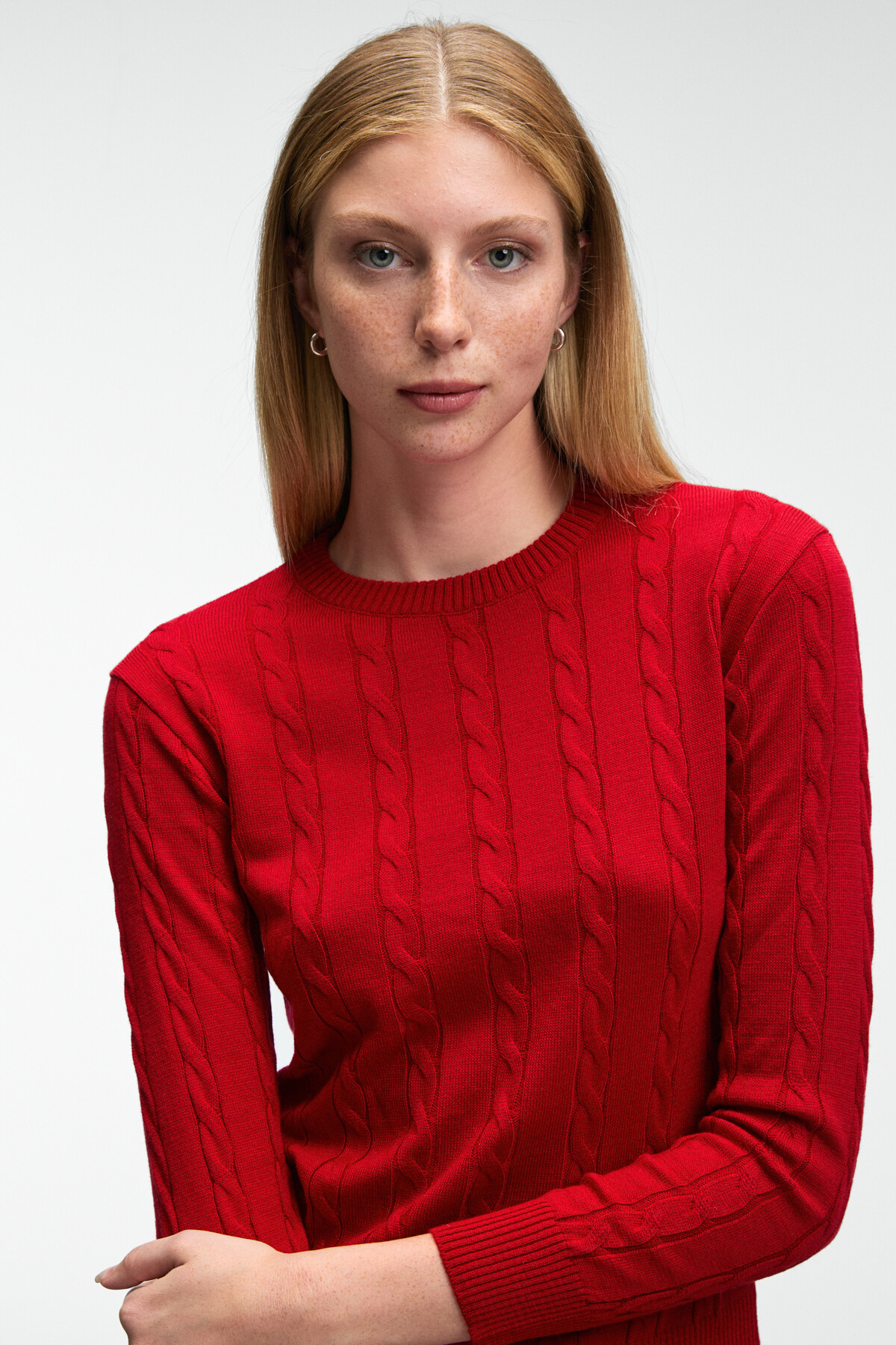 GRIMELANGE  QUERIDA Kadın Yuvarlak Yaka Saç Örgülü Regular Fit Triko Kırmızı Kazak - Görsel 4