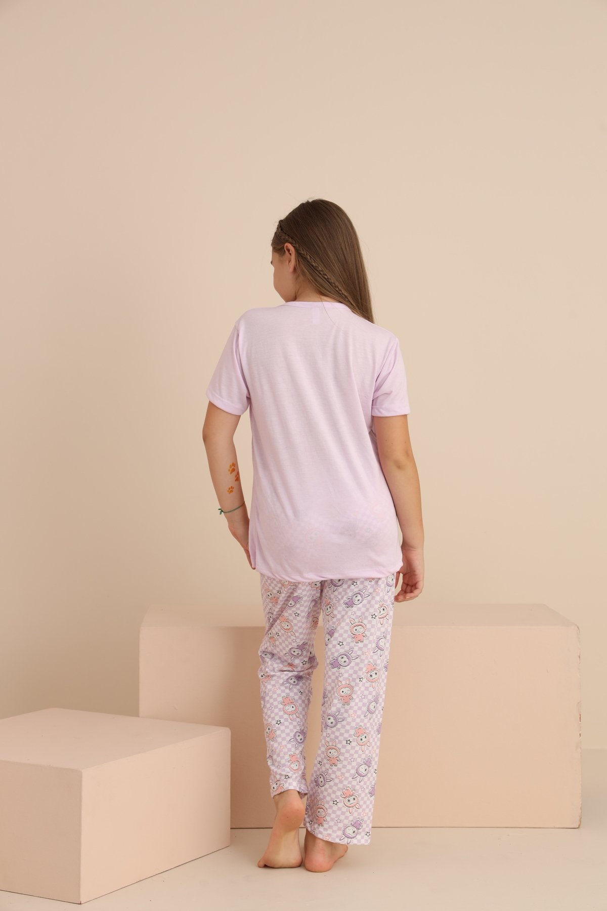 rindahomewear KIZ ÇOCUK LABUBU BASKILI MOR KISA KOL PİJAMA TAKIMI fotoğrafı 2 (önizleme)