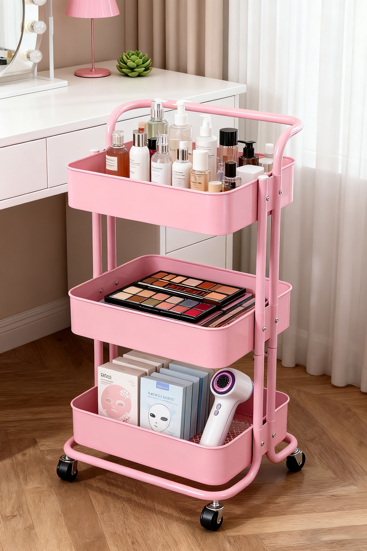 رف تخزين معدني بثلاث طبقات، دوار، وردي، 85×45×37 سم