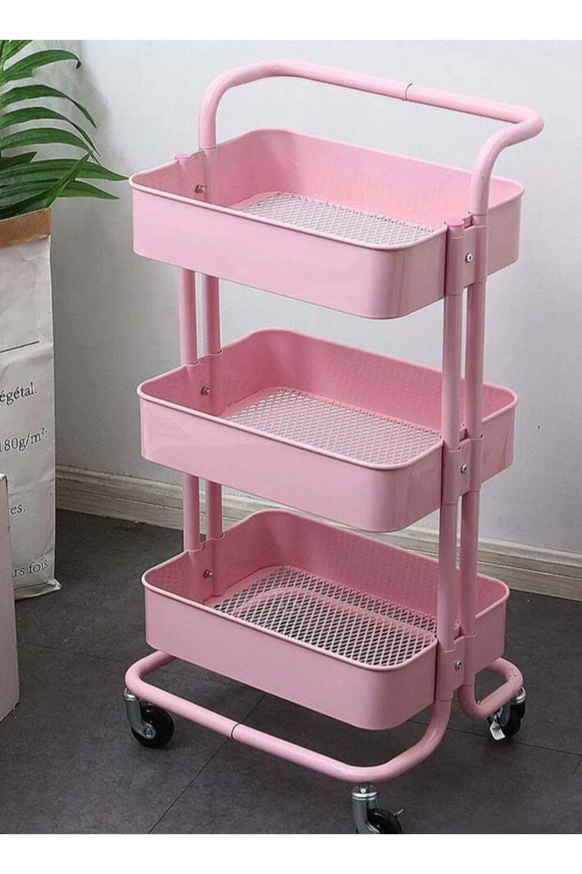 رف تخزين معدني بثلاث طبقات، دوار، وردي، 85×45×37 سم