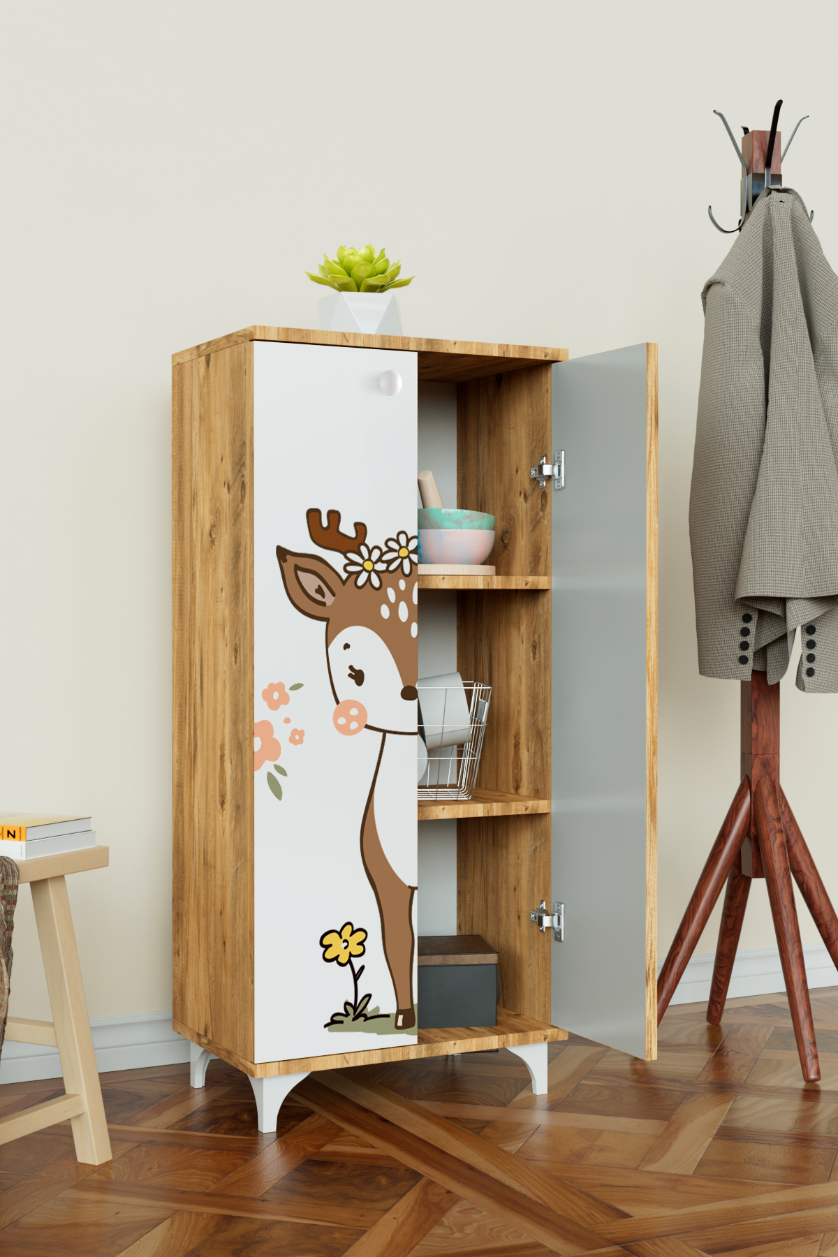 Hediyeler Kapında Little Fawn 3 Raflı Çocuk Odası Dolabı Çok Amaçlı Baskılı Oyuncak Dolabı Ahşap fotoğrafı 2 (önizleme)