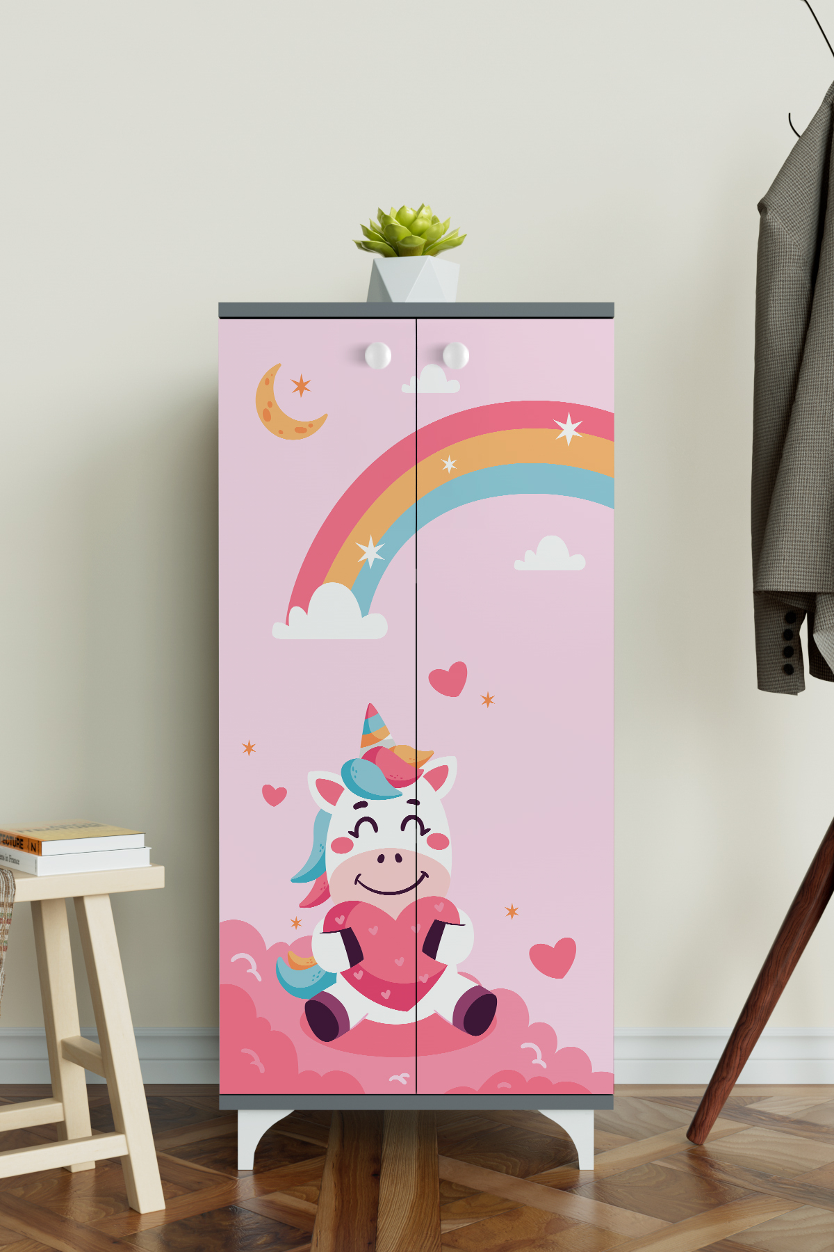 Hediyeler Kapında Çocuk Odası Unicorn Dream Antrasit Dolap 3 Raflı Çok Amaçlı Baskılı Oyuncak Dolabı fotoğrafı 3 (önizleme)