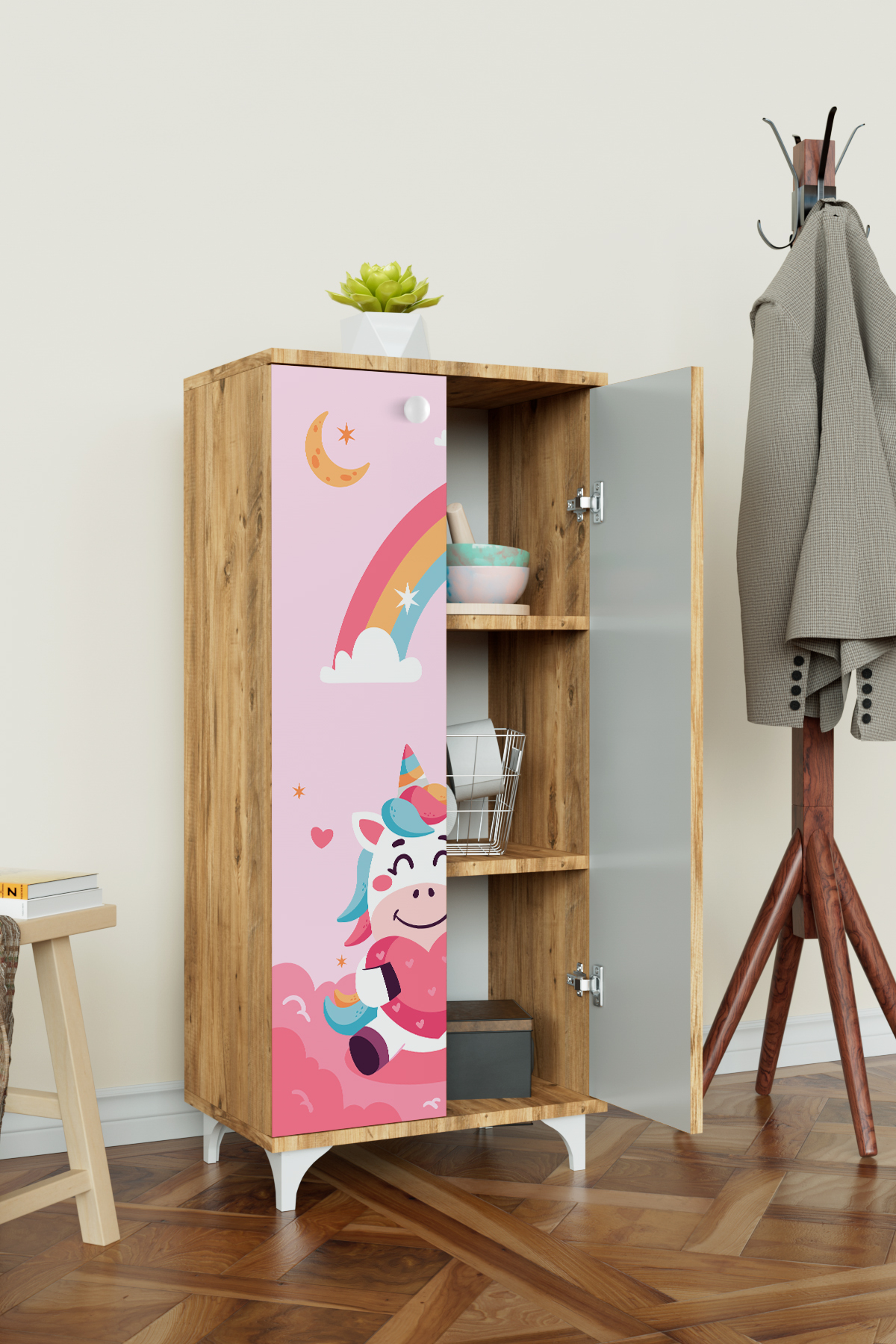 Hediyeler Kapında Çocuk Odası Unicorn Dream Ceviz Dolap 3 Raflı Çok Amaçlı Baskılı Oyuncak Dolabı fotoğrafı 2 (önizleme)