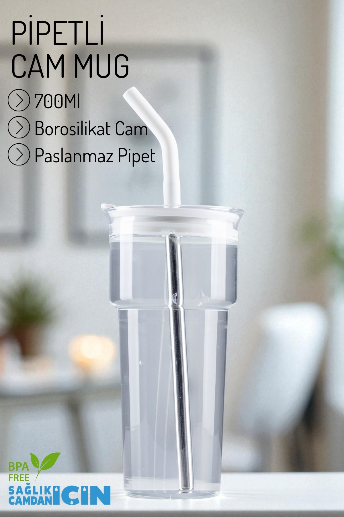 Nandy Home Borosilikat Cam Mug – Paslanmaz Çelik Pipet ve Temizleyici Hediyeli, 700Ml.